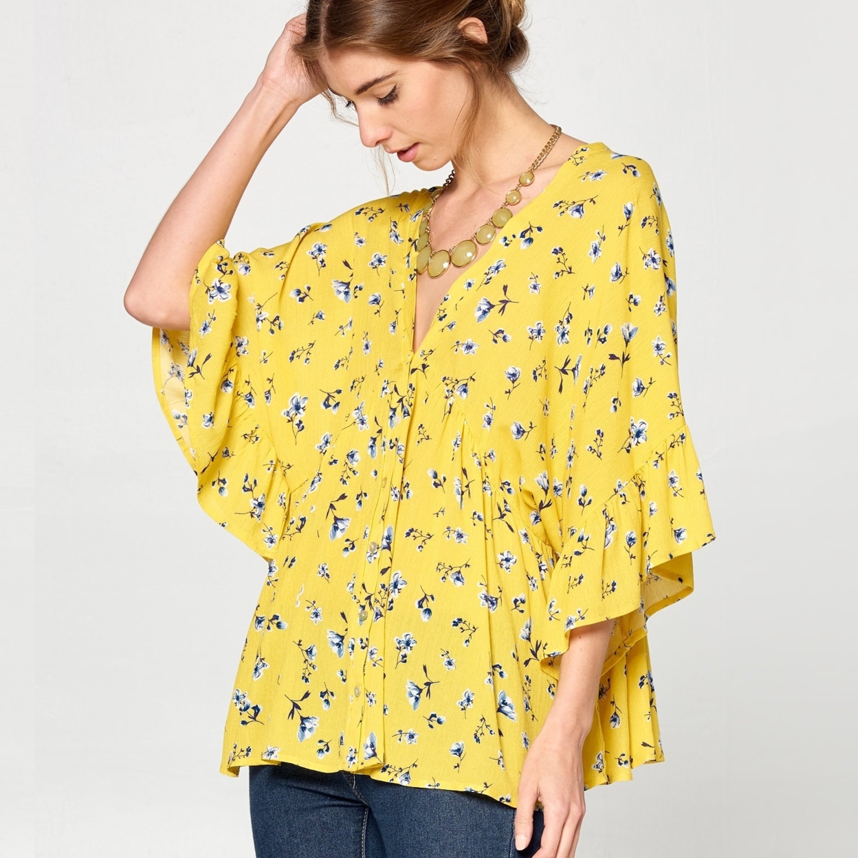Calico Floral Woven Top - Mustard Yellow, Small (2-6)