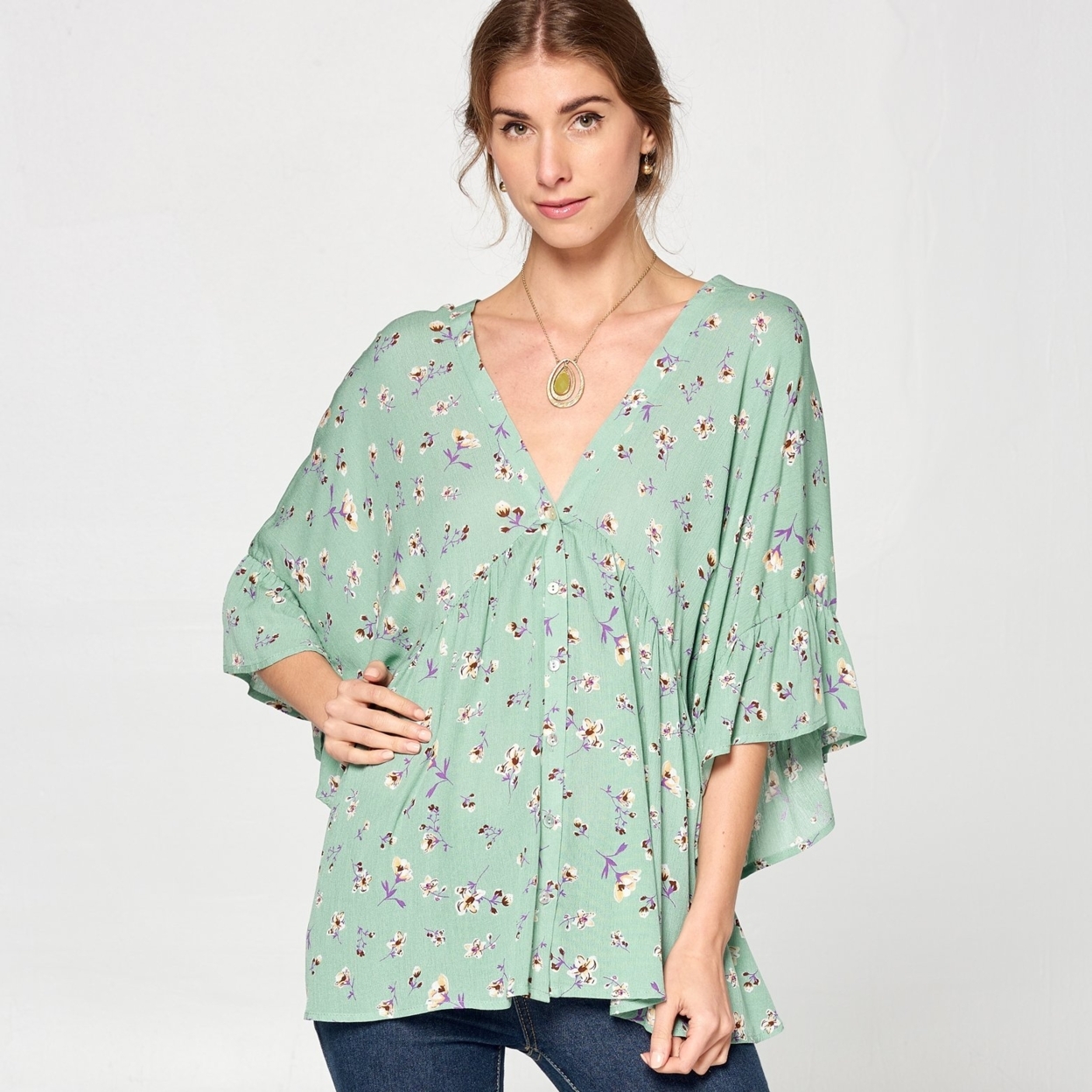 Calico Floral Woven Top - Dusty Sage, Small (2-6)