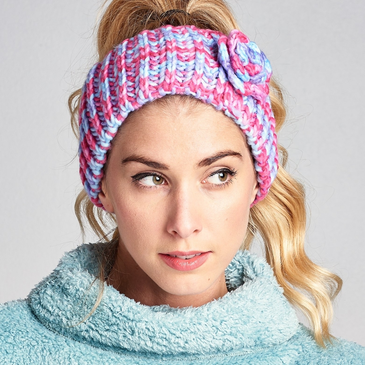 Crochet Knit Floral Headband - Black/grey