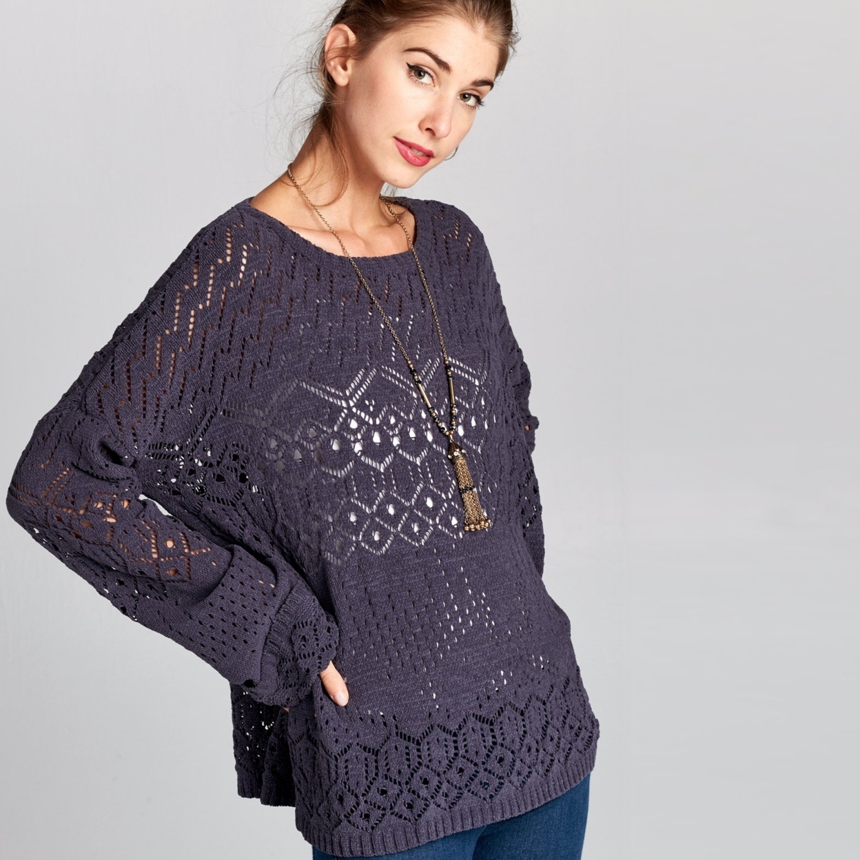 Crochet Knit Sweater - Charcoal, Large (12-14)