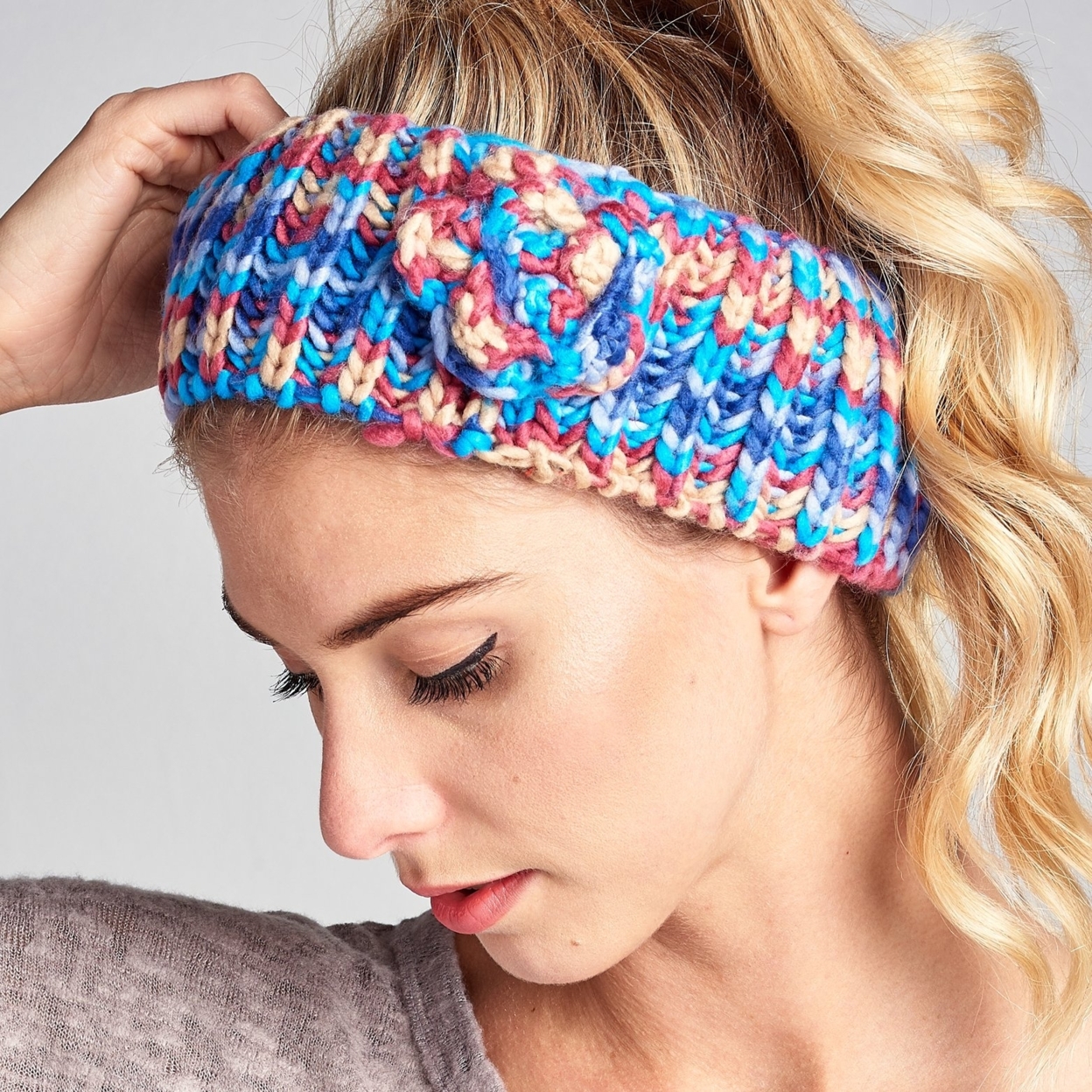 Crochet Knit Floral Headband - Blue/wine