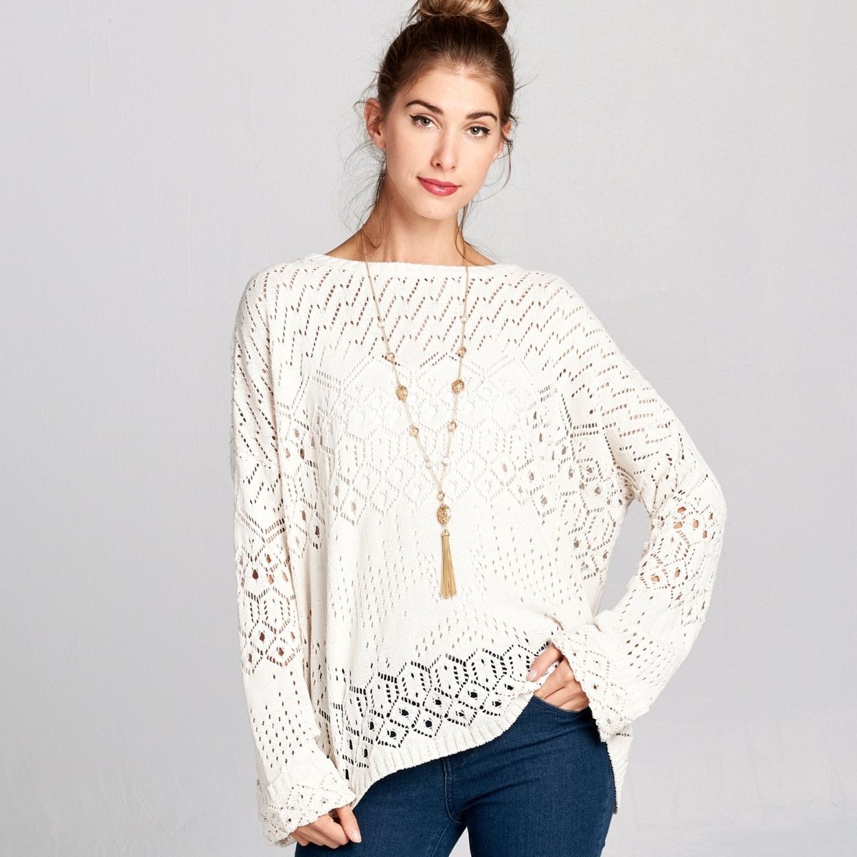 Crochet Knit Sweater - Cream, Large (12-14)