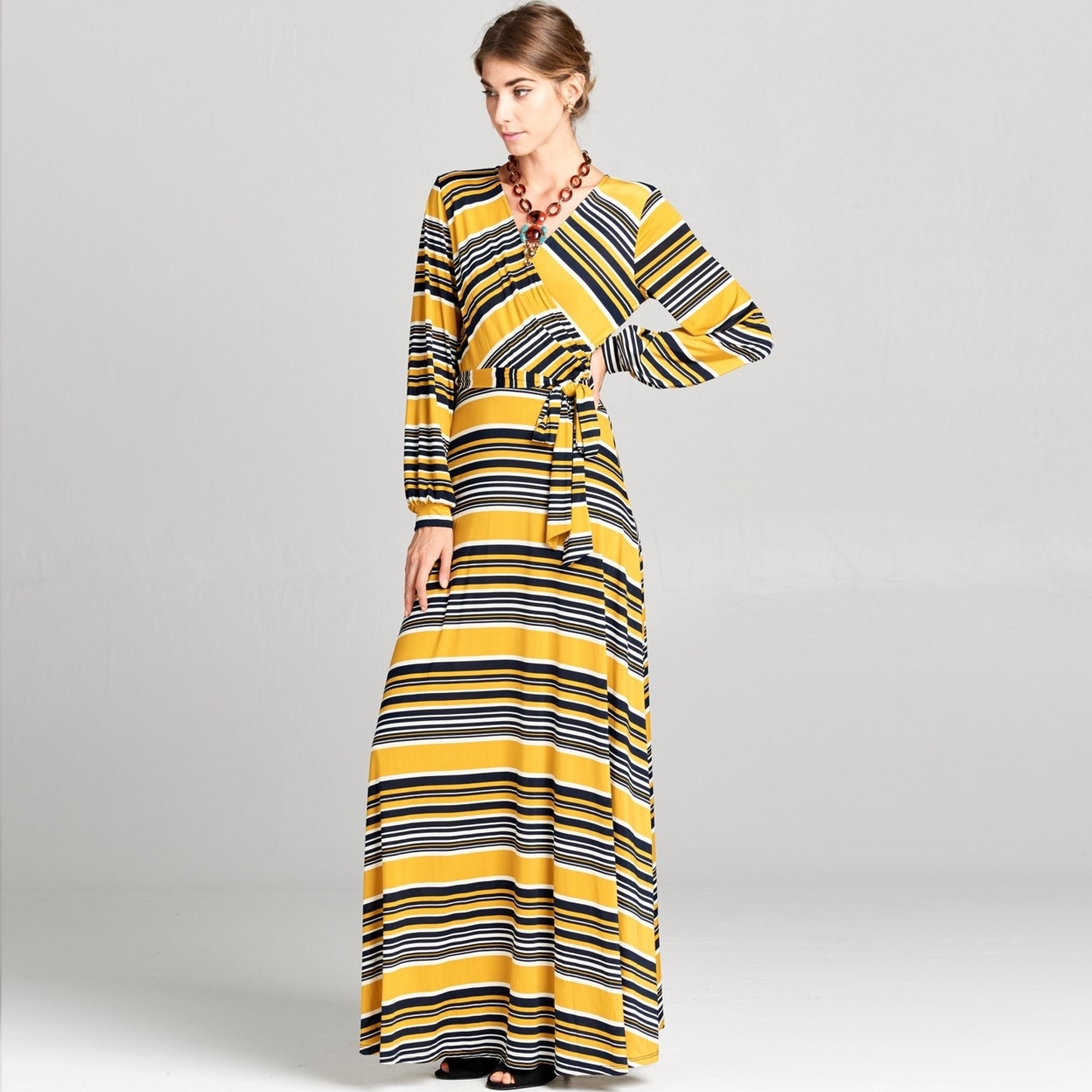 Cuffed Sleeve Venechia Stripe Dress - Mustard/navy, Medium (8-10)