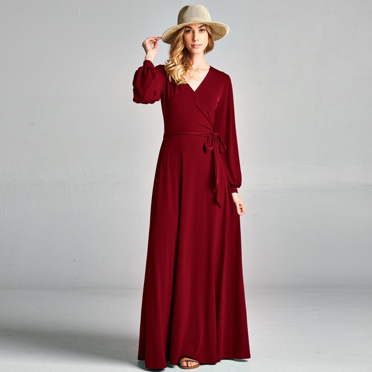 Cuffed Sleeve Venechia Wrap Dress - Burgundy, Medium (8-10)