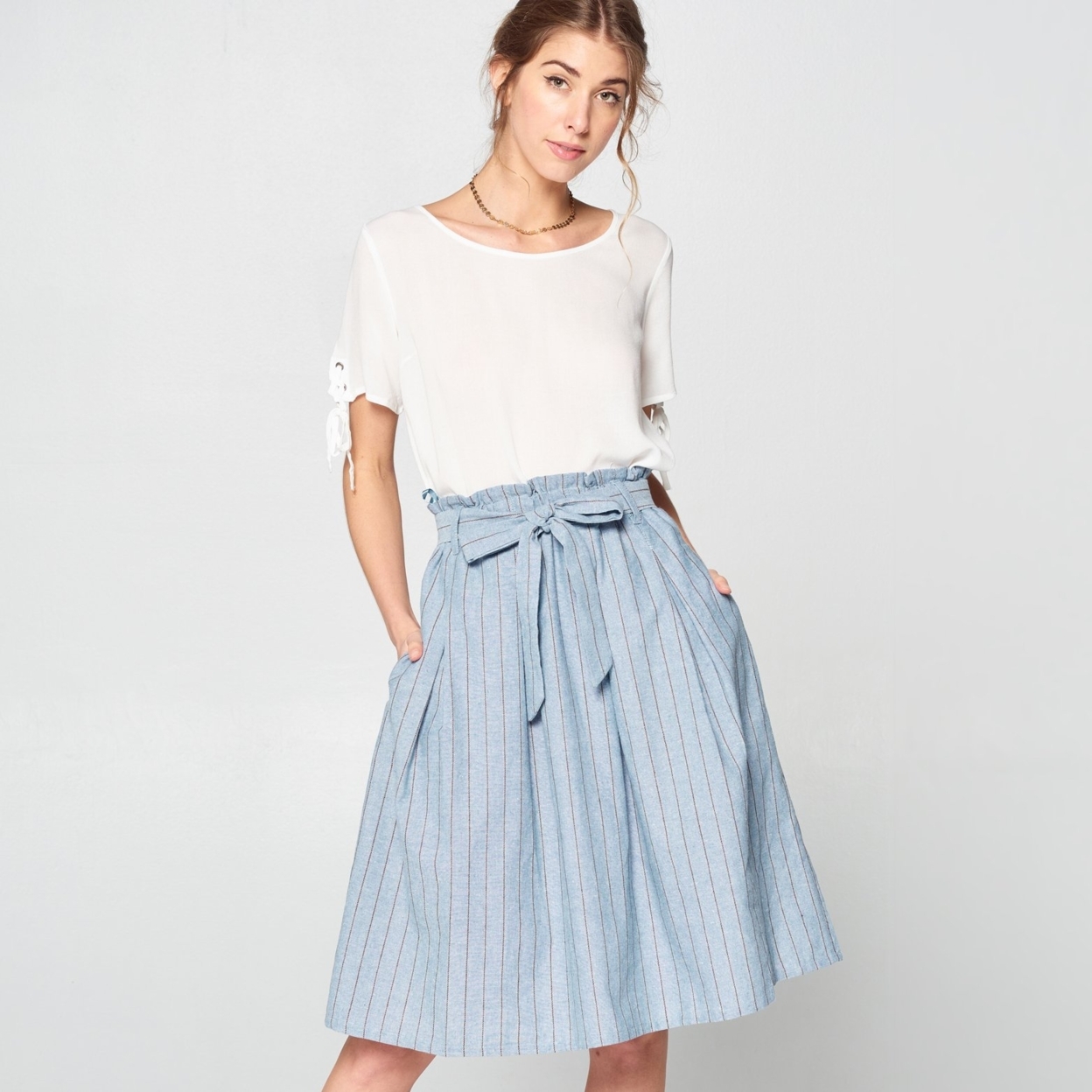 Denim Striped Cotton Skirt - Light Denim, Small (2-6)