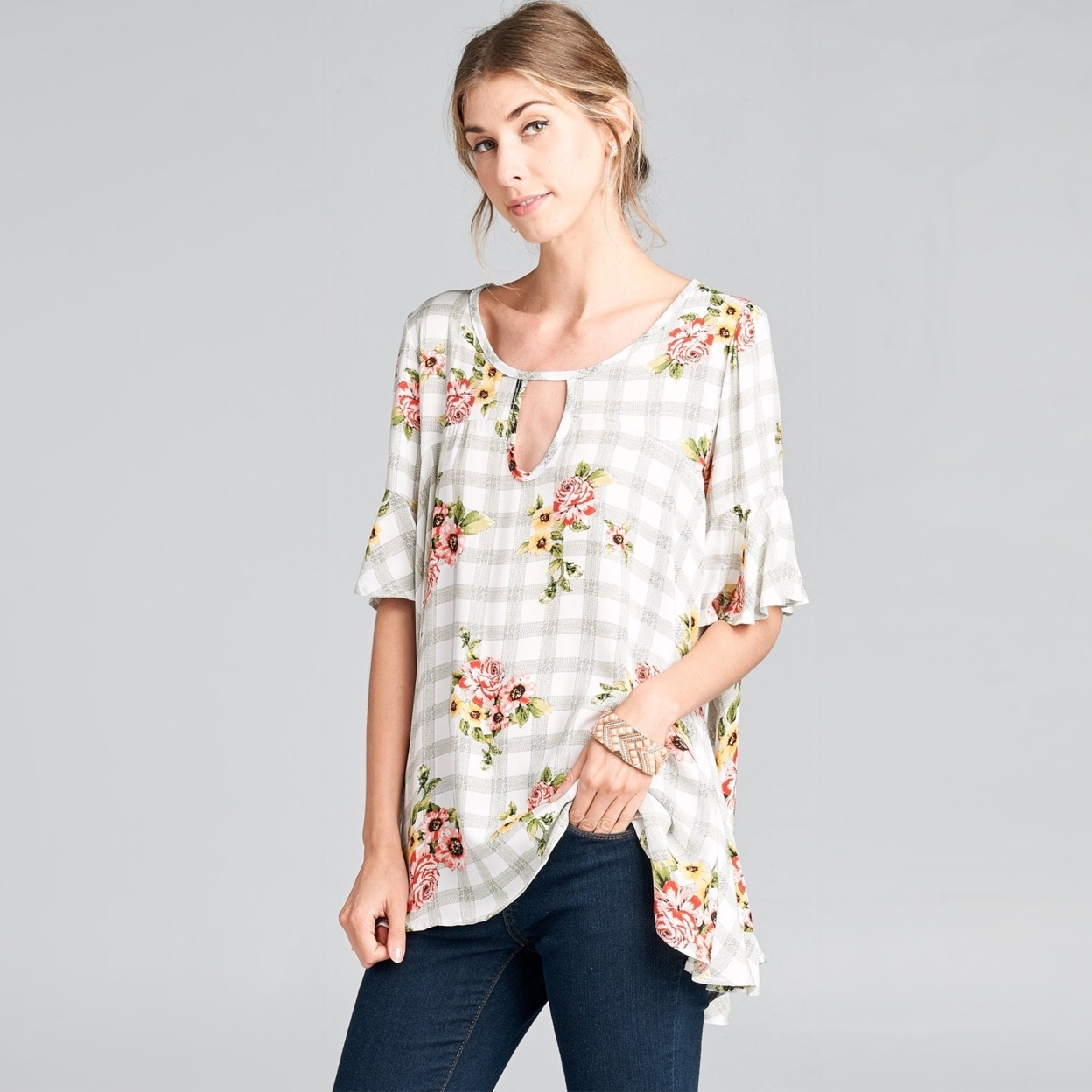 Floral Plaid Swing Top - Ivory, Small (2-4)