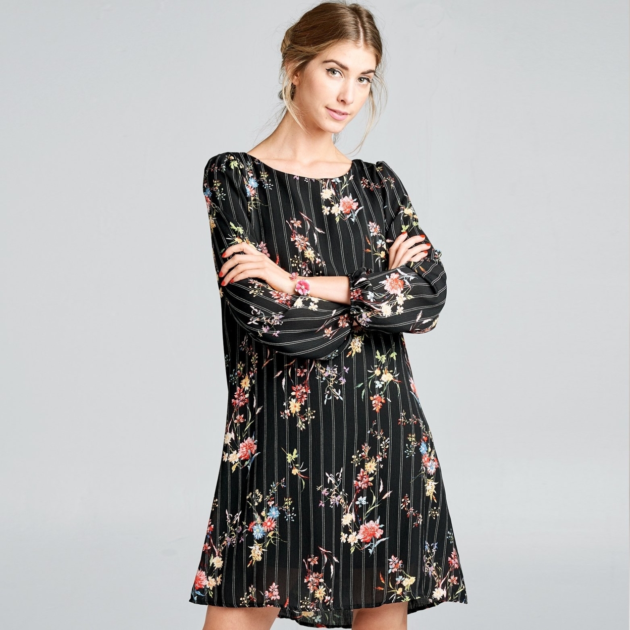 Floral Stripe Shift Dress - Black, Medium (8-10)