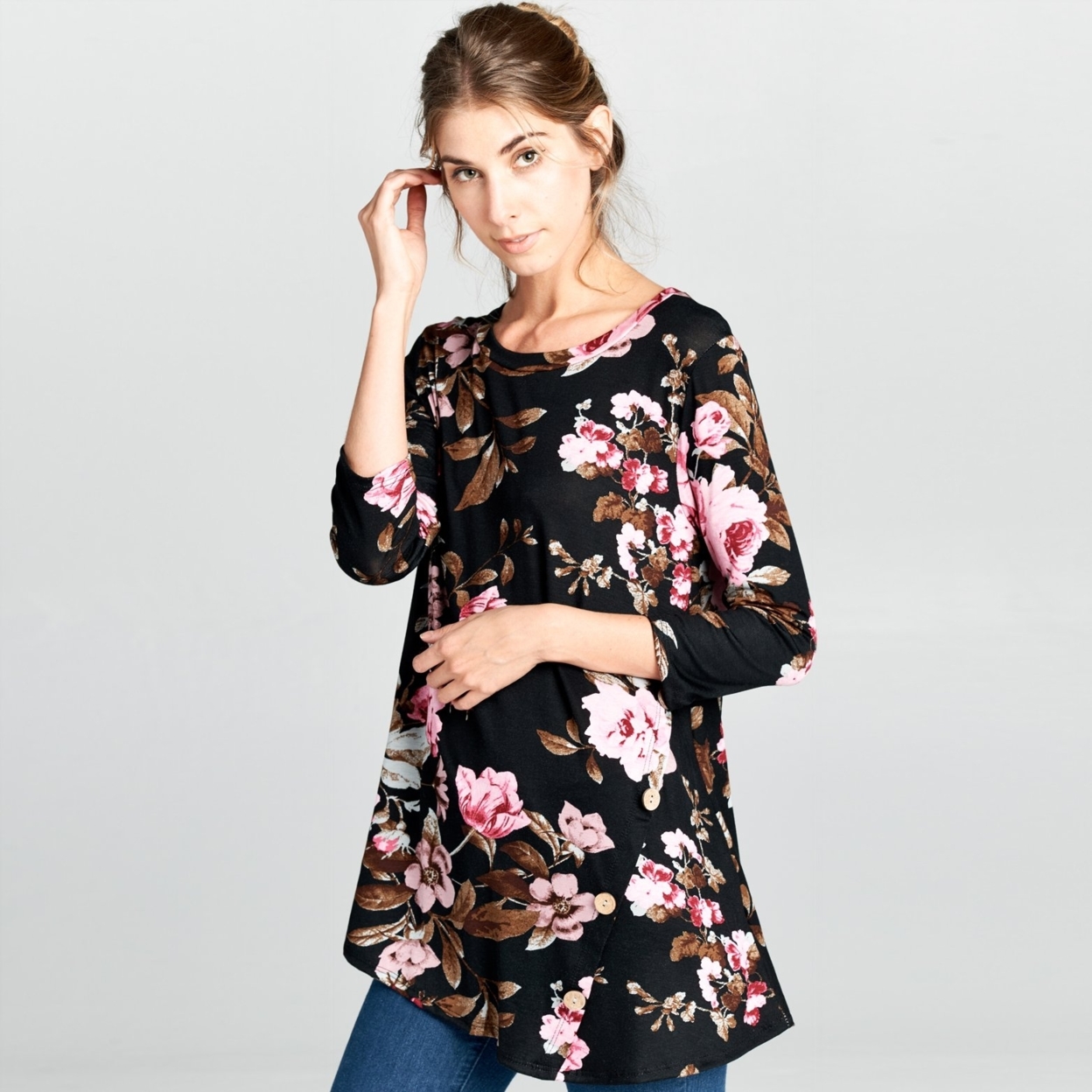 Natural Wood Button Floral Top - Black, Small (2-6)