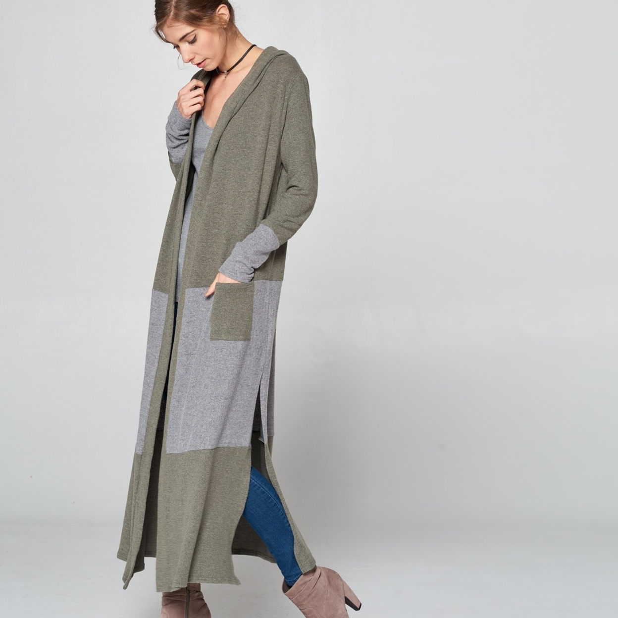 Olive & Gray Long Cardigan - Olive, Small (2-6)