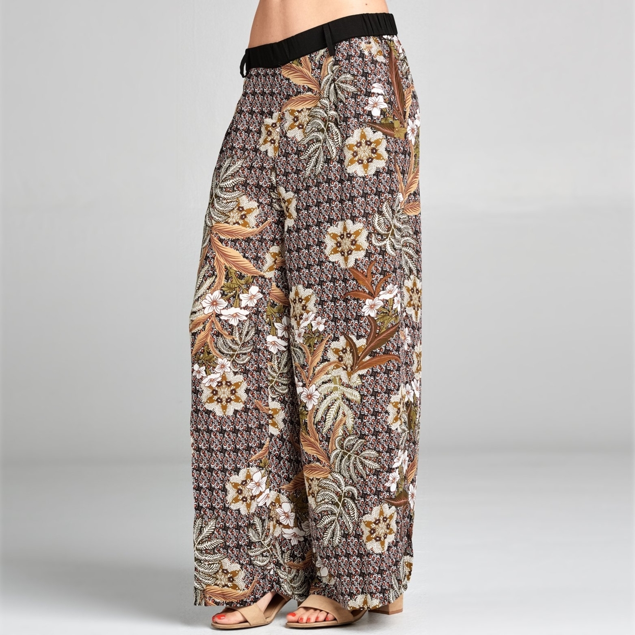 Olive Floral Palazzo Pants - Olive, Large (12-14)