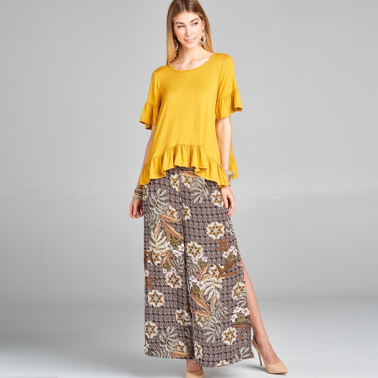 Olive Floral Palazzo Pants - Olive, Large (12-14)