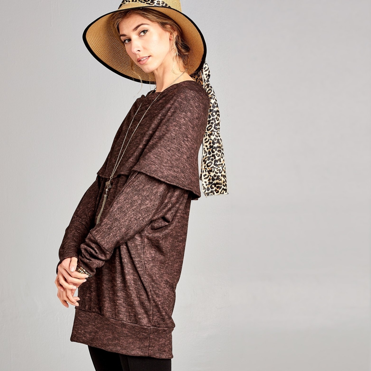 Oversized Cowl Neck Marled Sweater - Brown, Small (2-6)