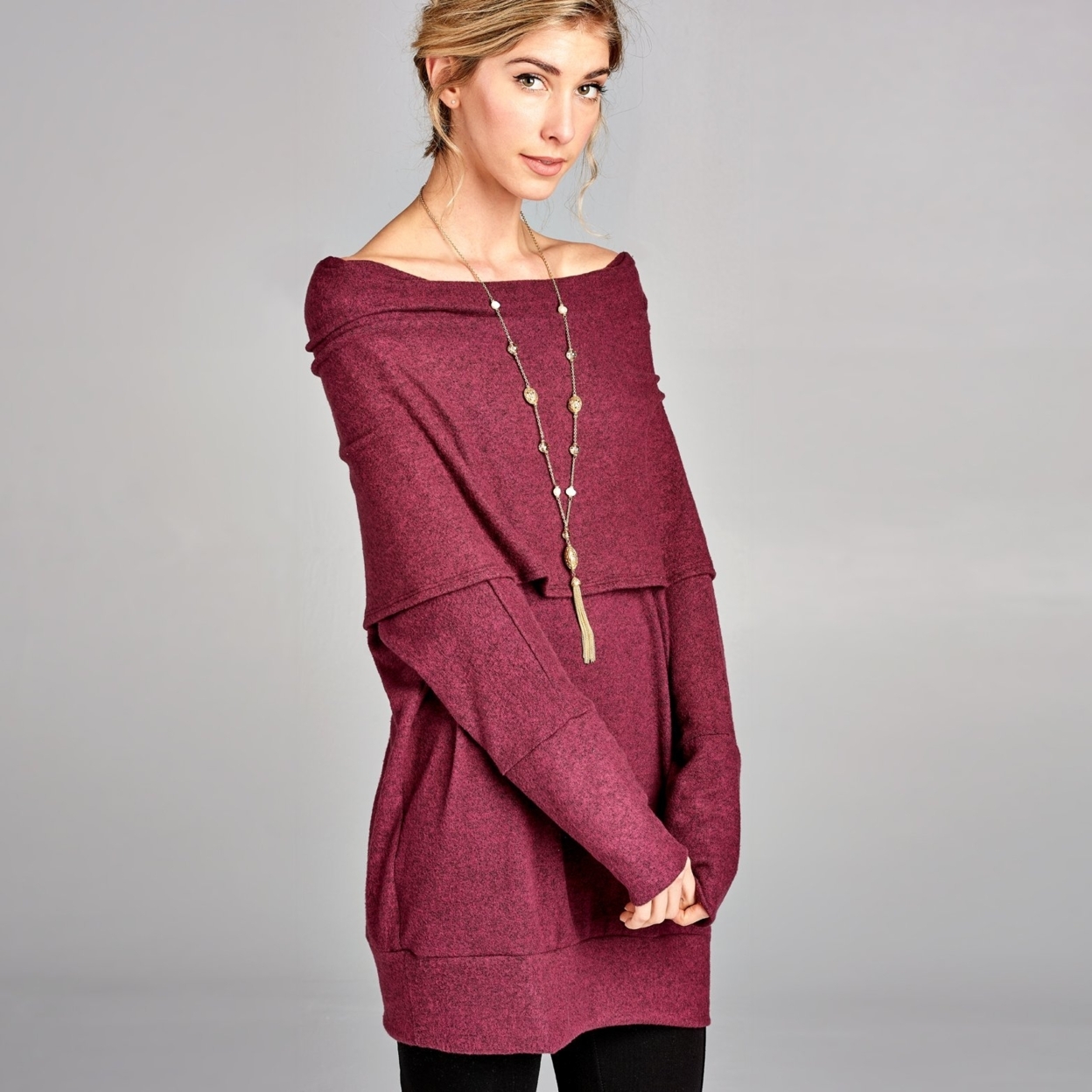 Oversized Cowl Neck Marled Sweater - Burgundy, Medium (8-10)