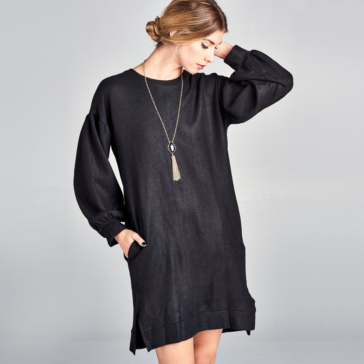 Puff Sleeve Sweater Dress - Black, Medium (8-10)