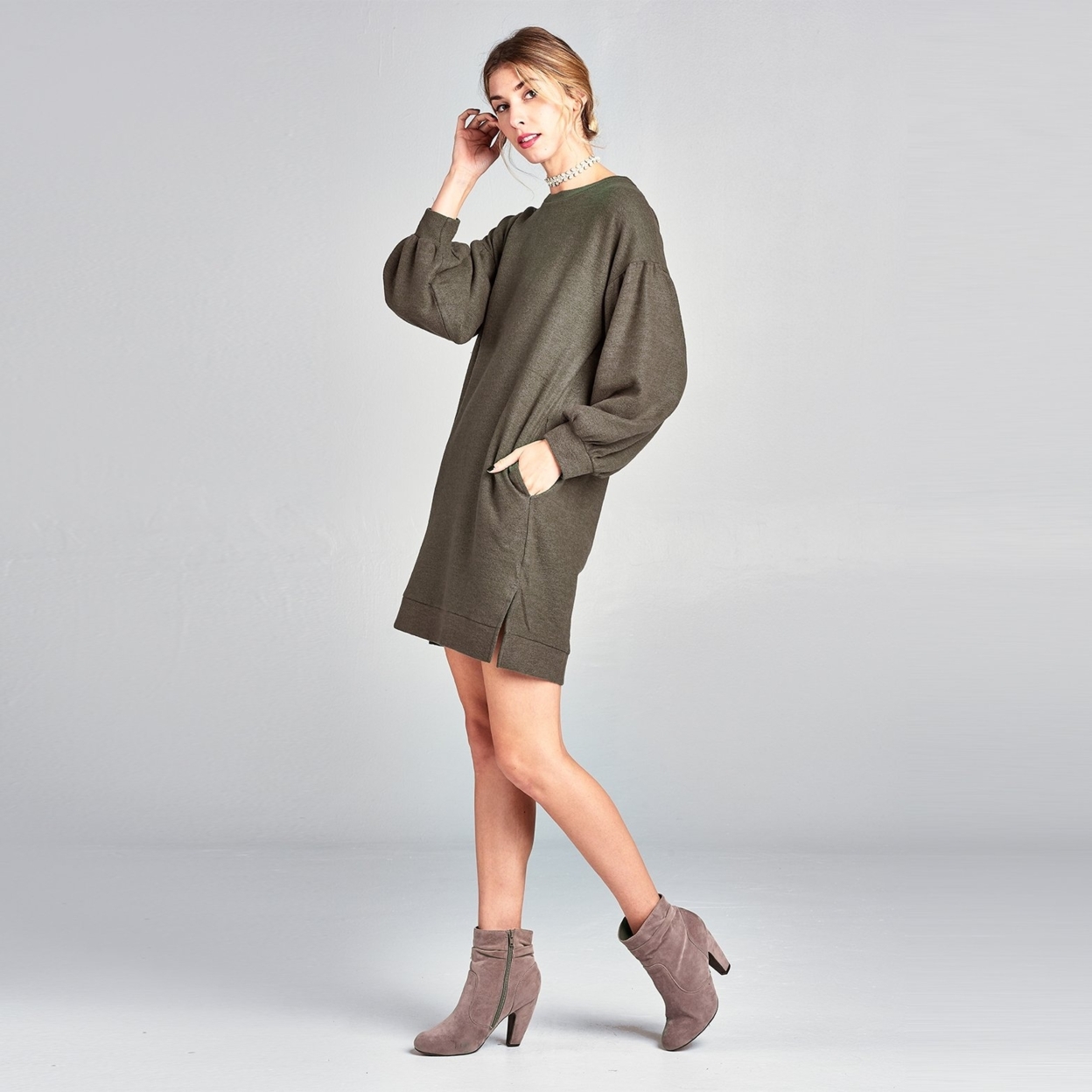 Puff Sleeve Sweater Dress - Olive, Large (12-14)