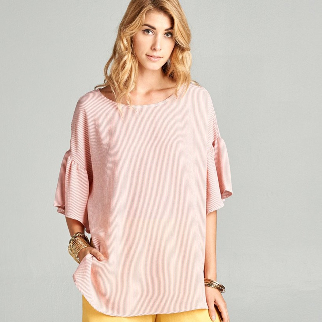Relaxed Fit Striped Bell Sleeve Top - Blush, Medium (10-14)