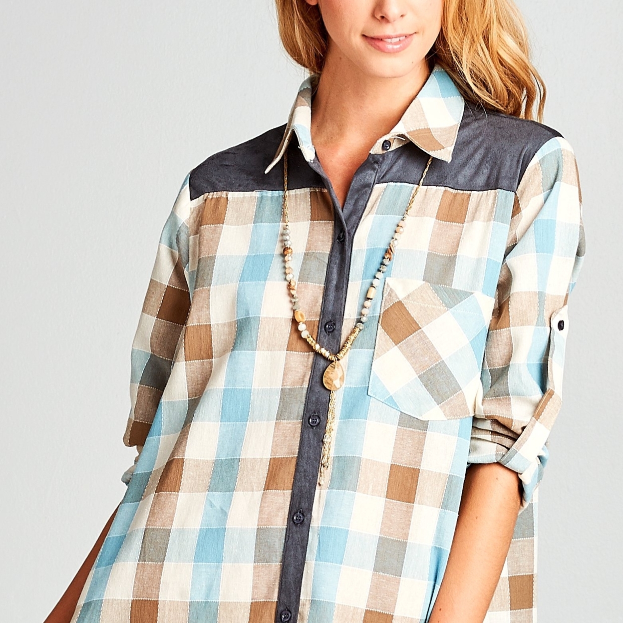 Suede Mix Checkered Shirt Dress - Natural, Large (12-14)