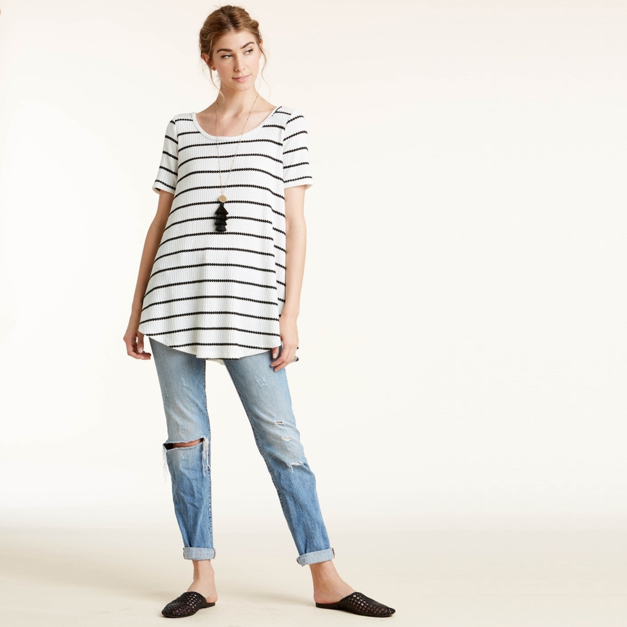 Totter Stripe Waffle Knit Top - White, Small (2-6)