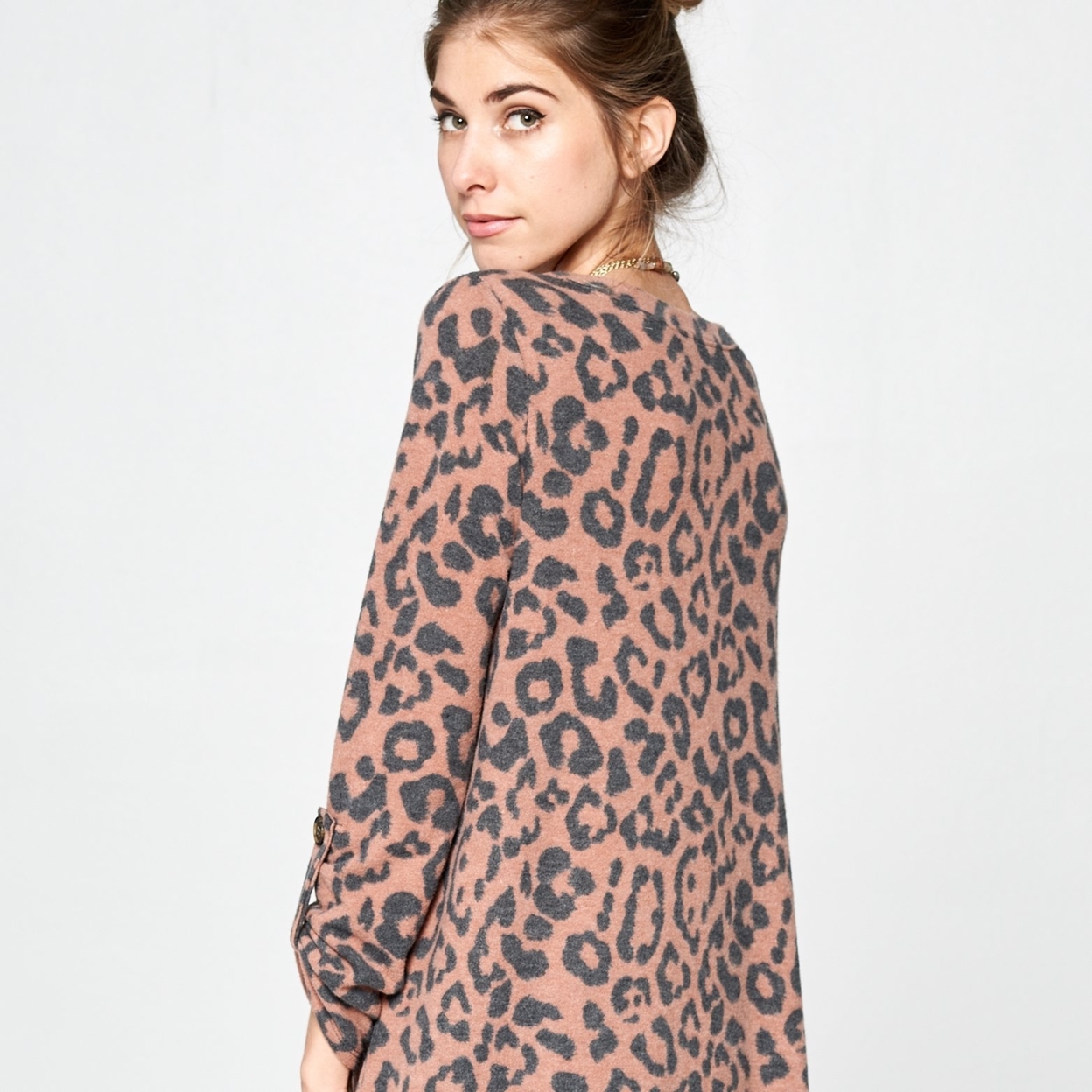 Three-Quarter Sleeve Leopard Tunic - Taupe/charcoal, Large (12-14)