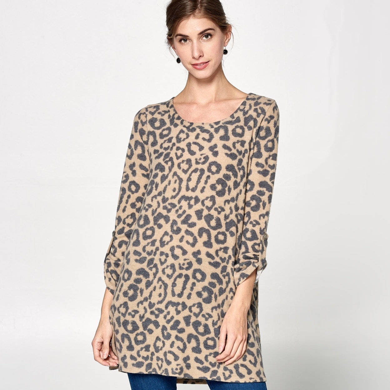 Three-Quarter Sleeve Leopard Tunic - Taupe/charcoal, Small (2-6)