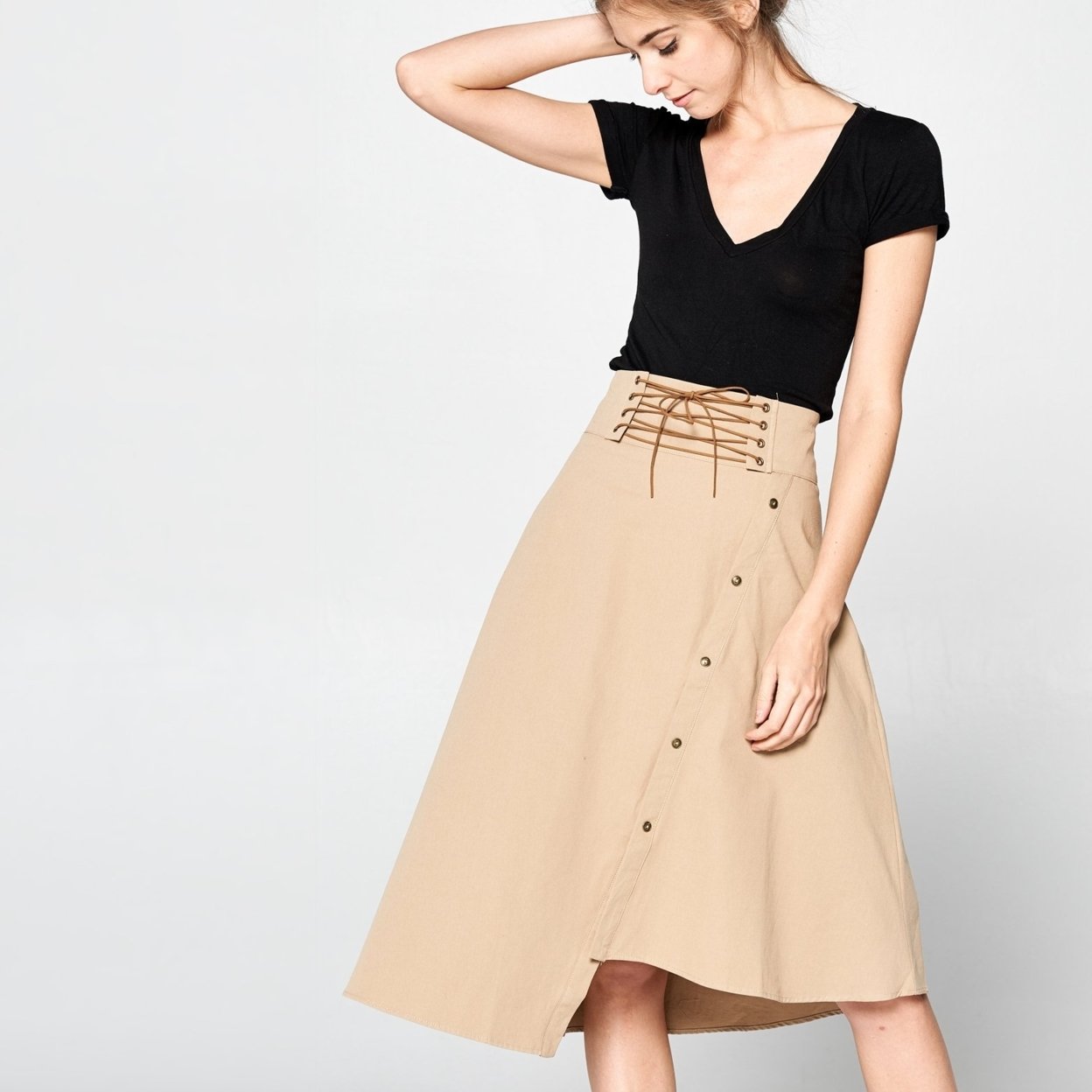 Uneven Cotton Twill Skirt - Taupe, Small (2-6)