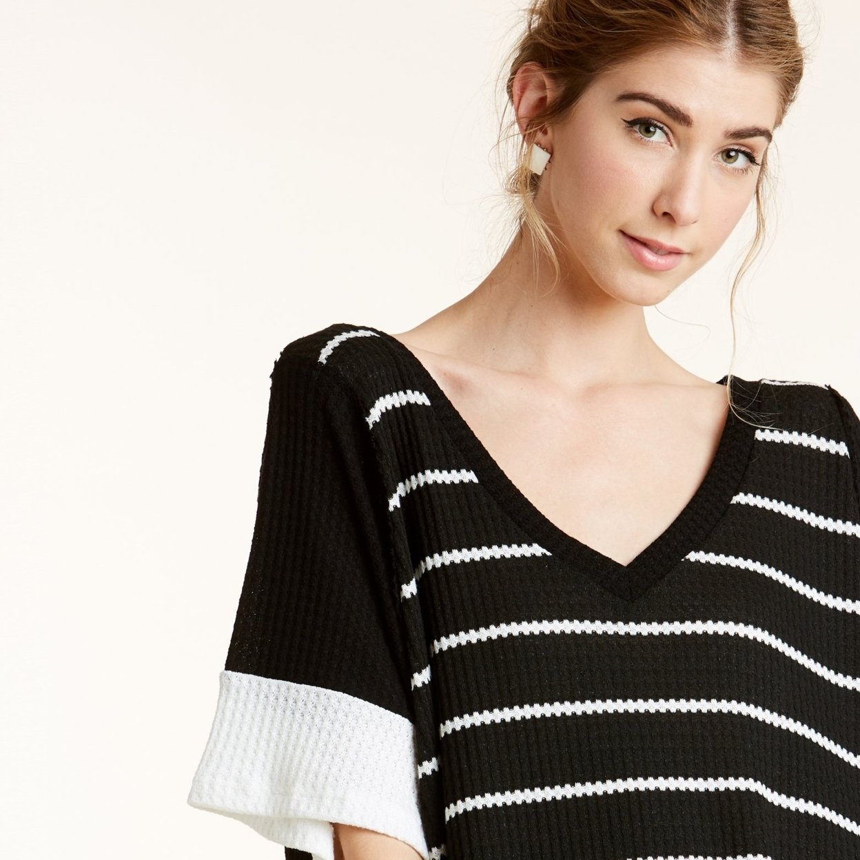 Waffle Knit Contrast Top - Black, Small (2-6)