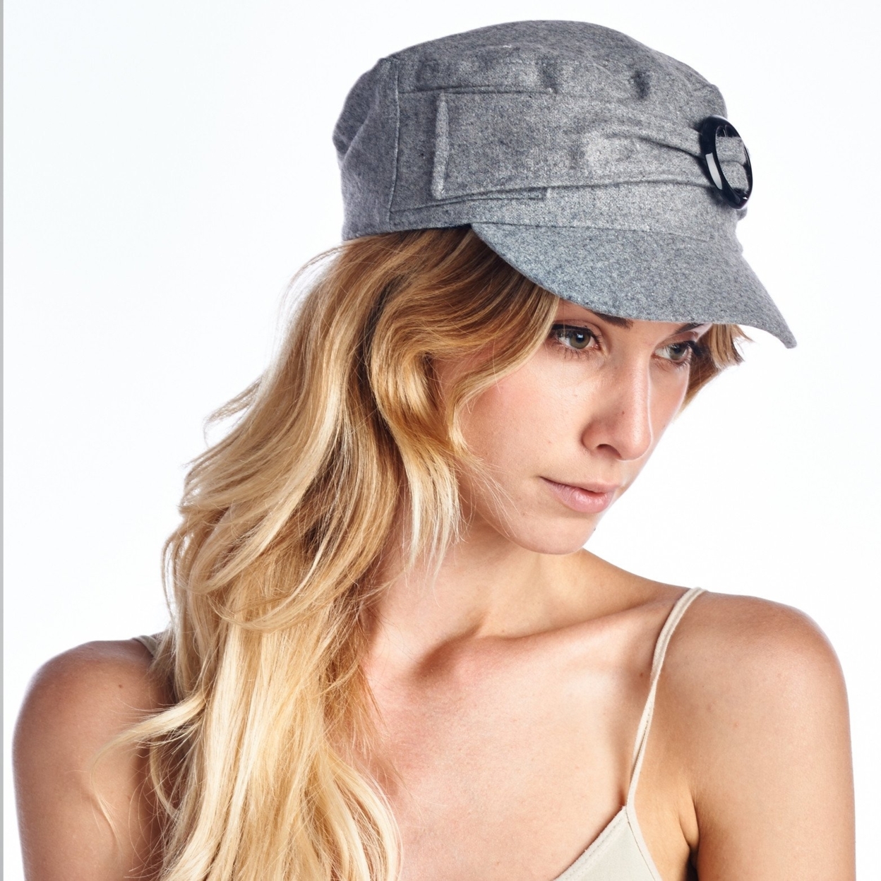 Wool Blend Military-Style Cap With Buckle - Light Gray
