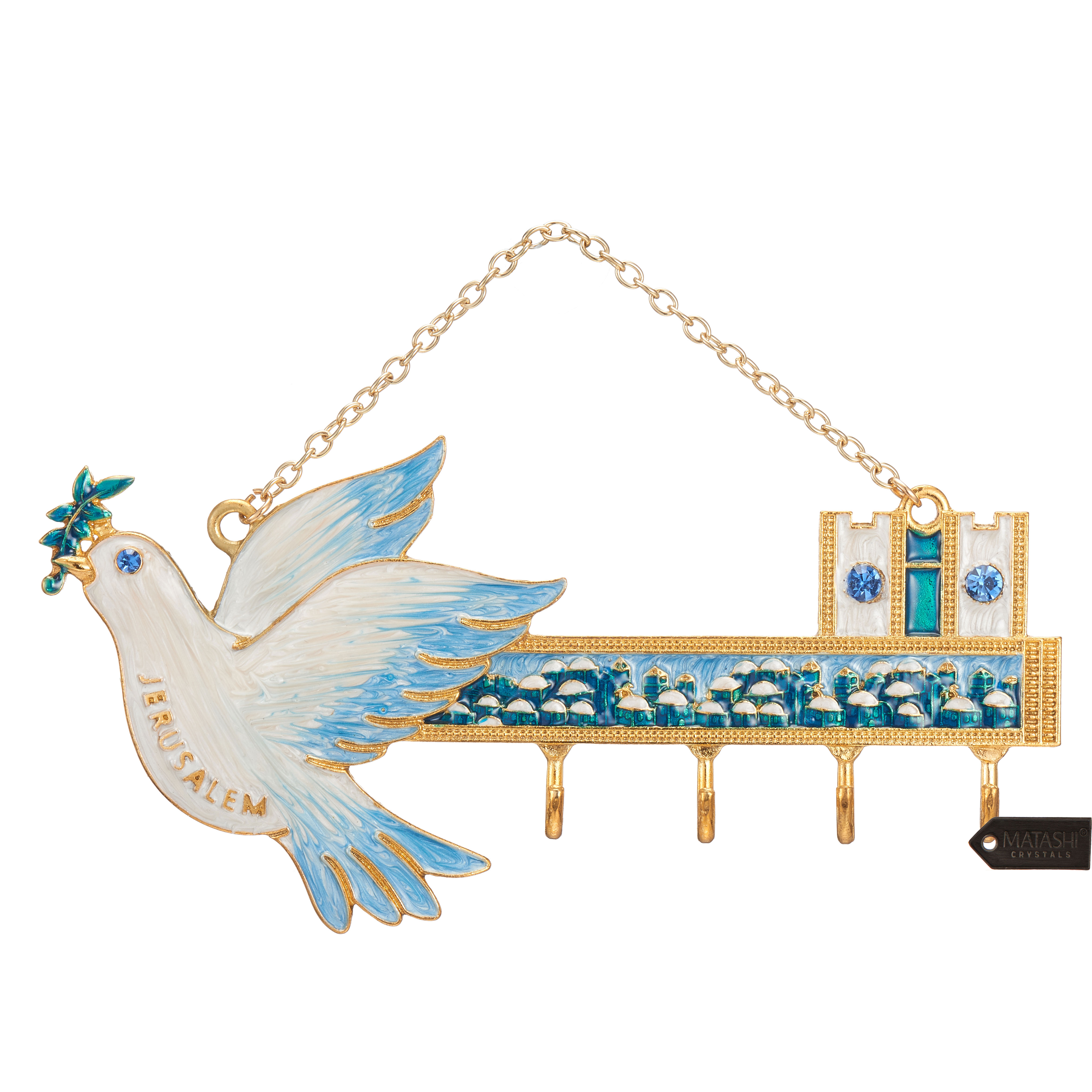 Matashi Hand-Painted Blue And Ivory Enamel Dove And Jerusalem Cityscape Design Decorative Hanging Wall Hooks For Entryway, Hallway, Bedroom