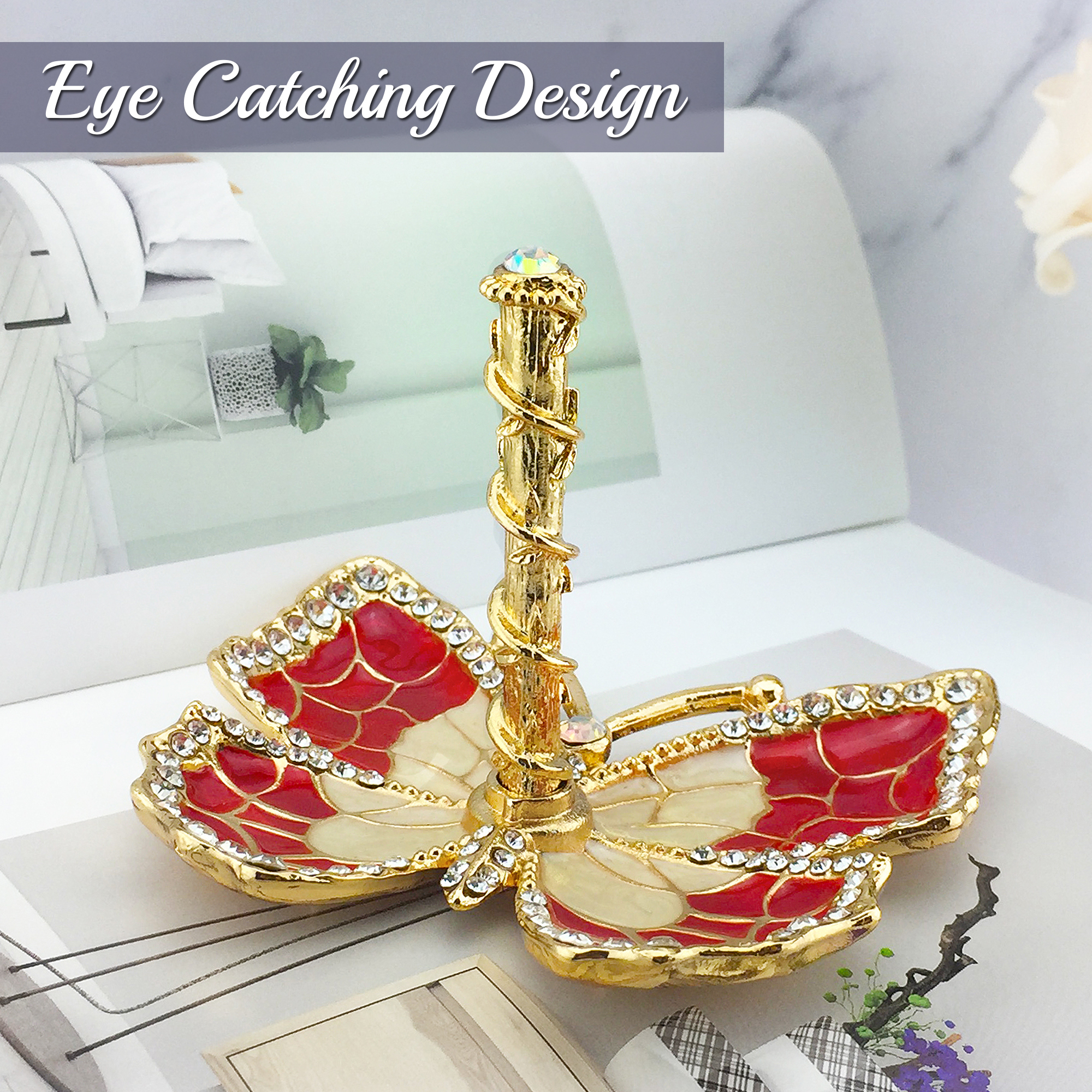 Matashi Red Enamel And Gold Plated Butterfly Jewelry Ring Holder With Crystals New Year Birthday Christmas Gift For Mom Girlfriend Wife