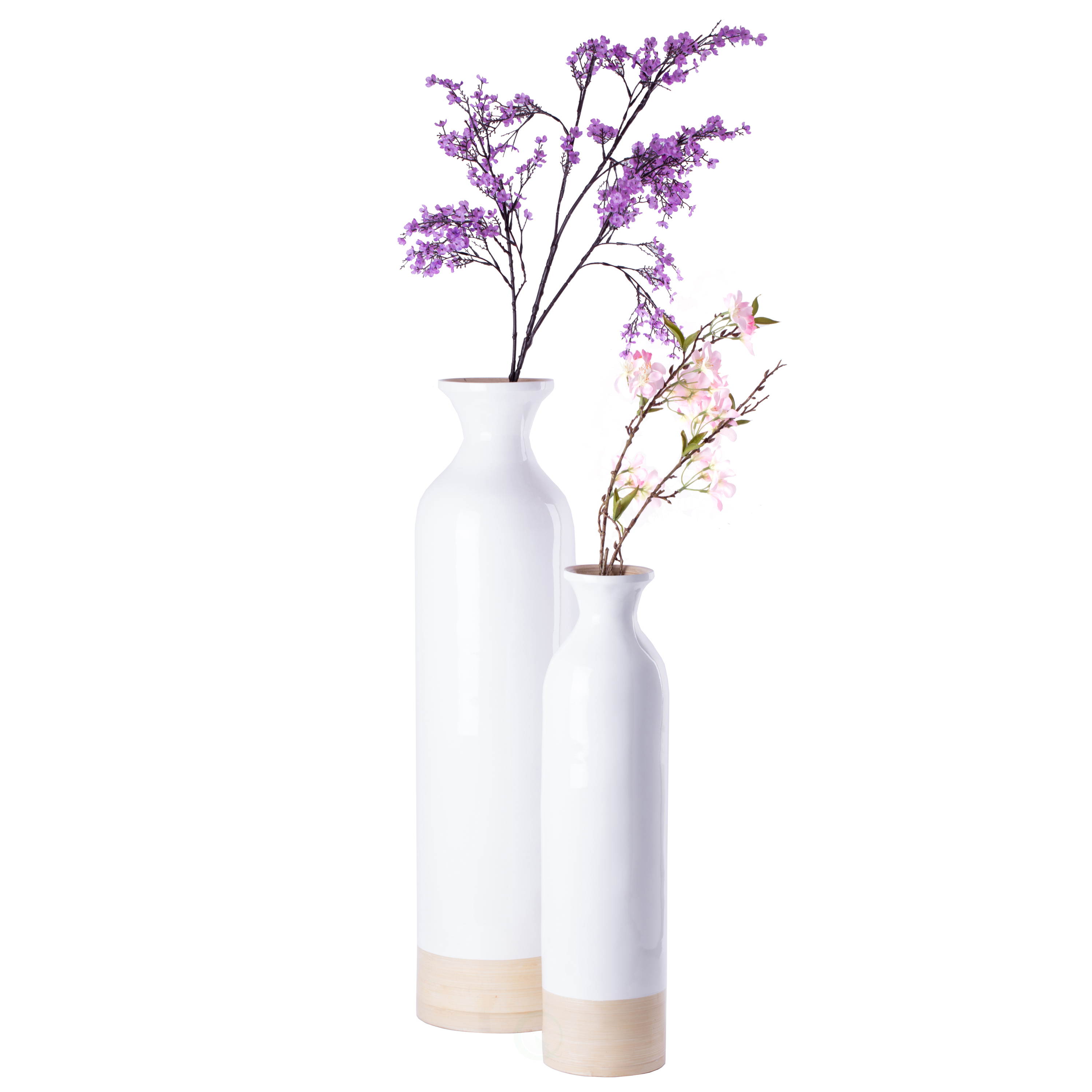 Elegant Black Or White Cylinder Shaped Tall Spun Bamboo Floor Vases, Embellished With A Glossy Lacquer, And Enhanced With Natural Bamboo - S