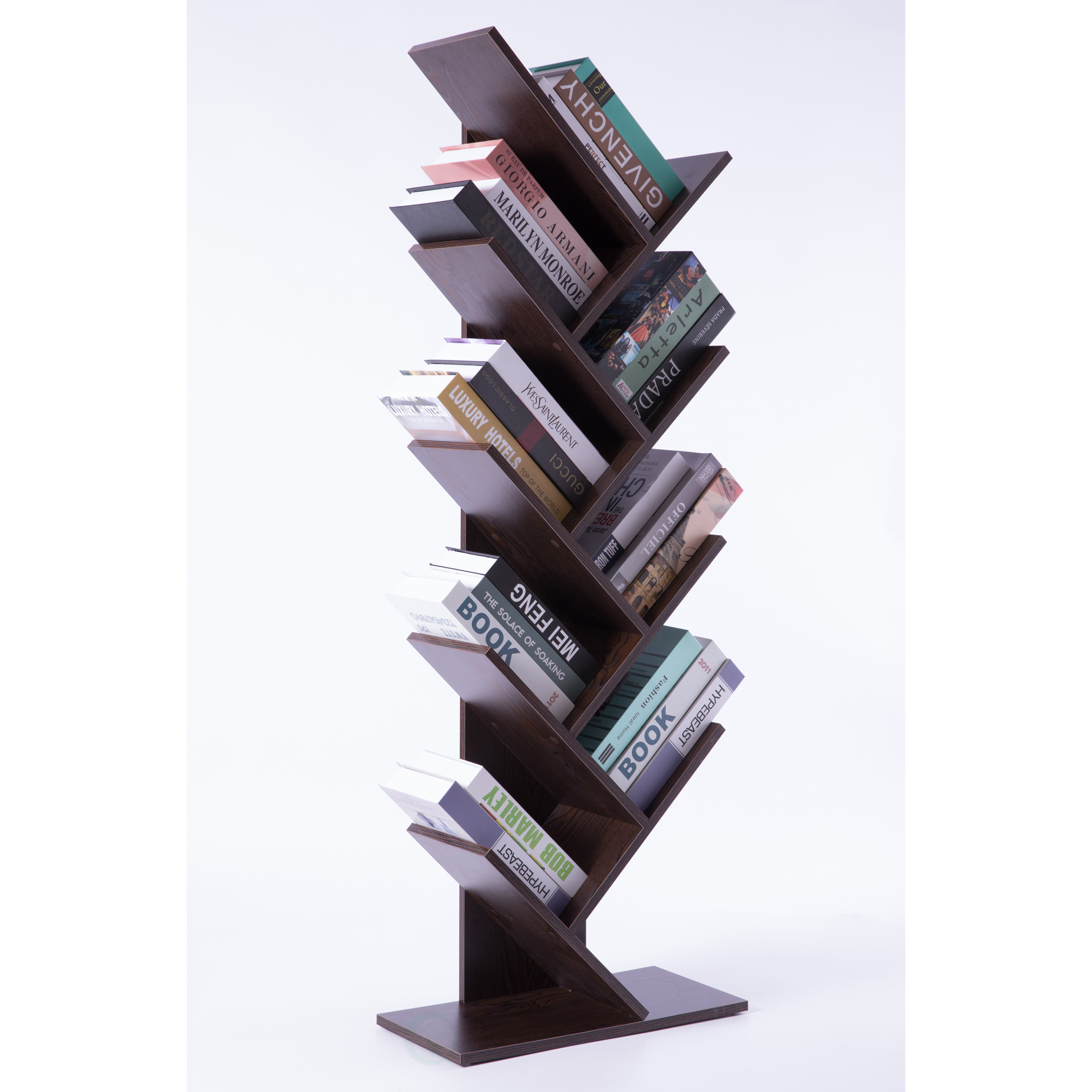Wooden 9-Shelf Tree Magazine CD Storage Bookcase - Gray