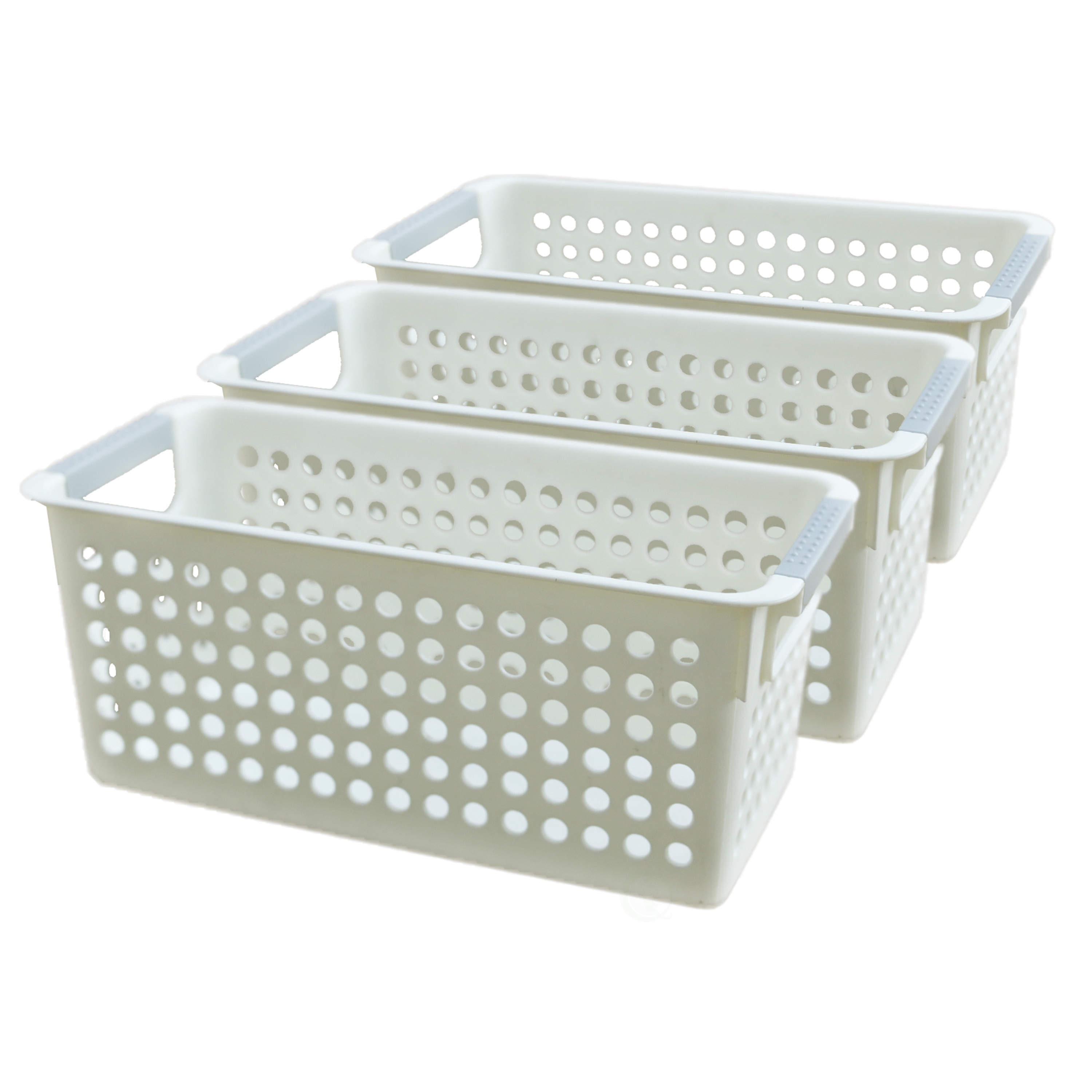 White Rectangular Plastic Shelf Organizer Basket With Handles - Set Of 3 Large
