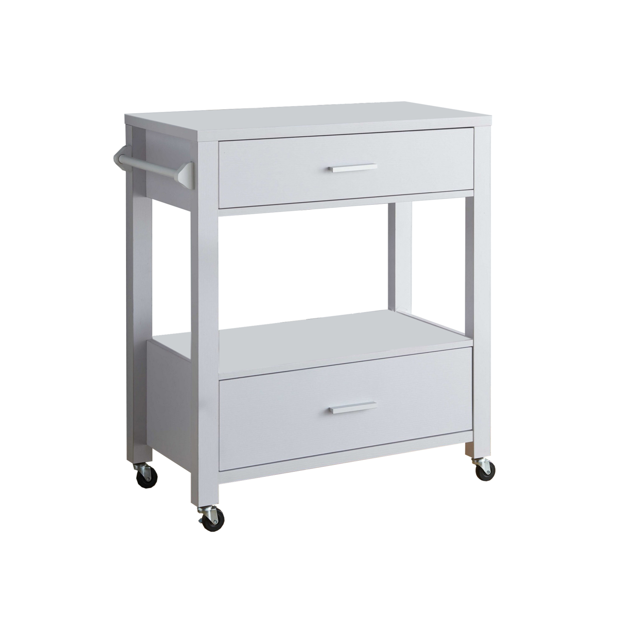 2 Drawer Wooden Kitchen Cart With Casters And 1 Open Shelf, White- Saltoro Sherpi