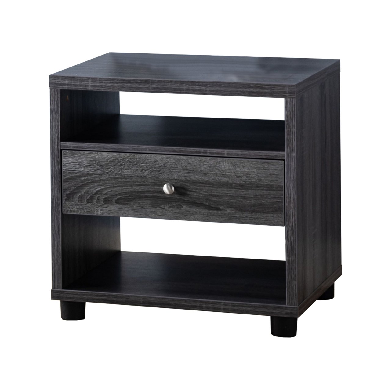 1 Drawer Wooden End Table With 2 Open Shelves, Gray- Saltoro Sherpi