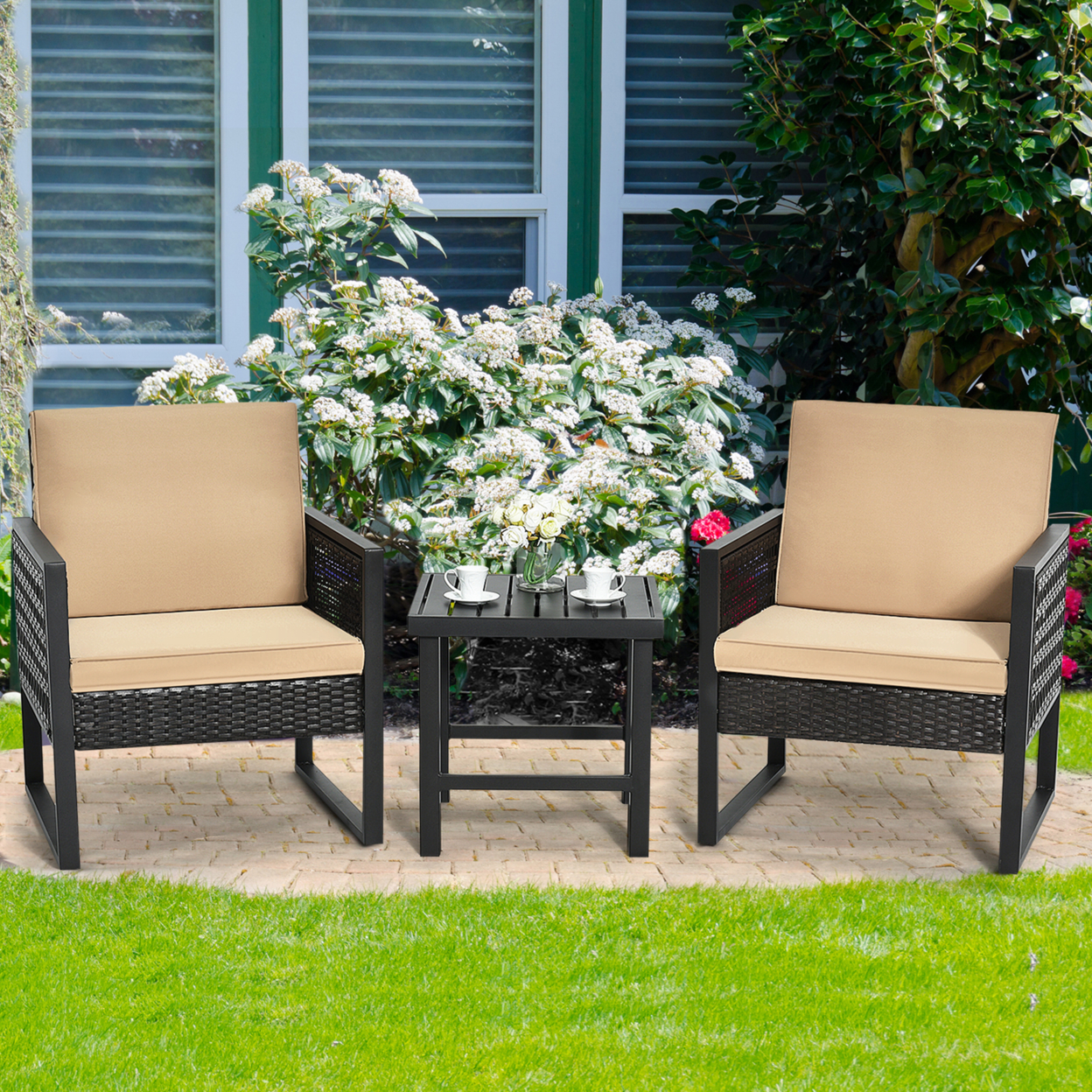 3PCS Rattan Outdoor Bistro Set Patio Conversation Furniture Set W/ Cushions