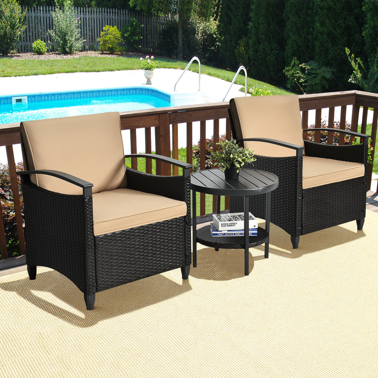 3PCS Outdoor Wicker Bistro Set Patio Conversation Furniture Set W/ Cushions