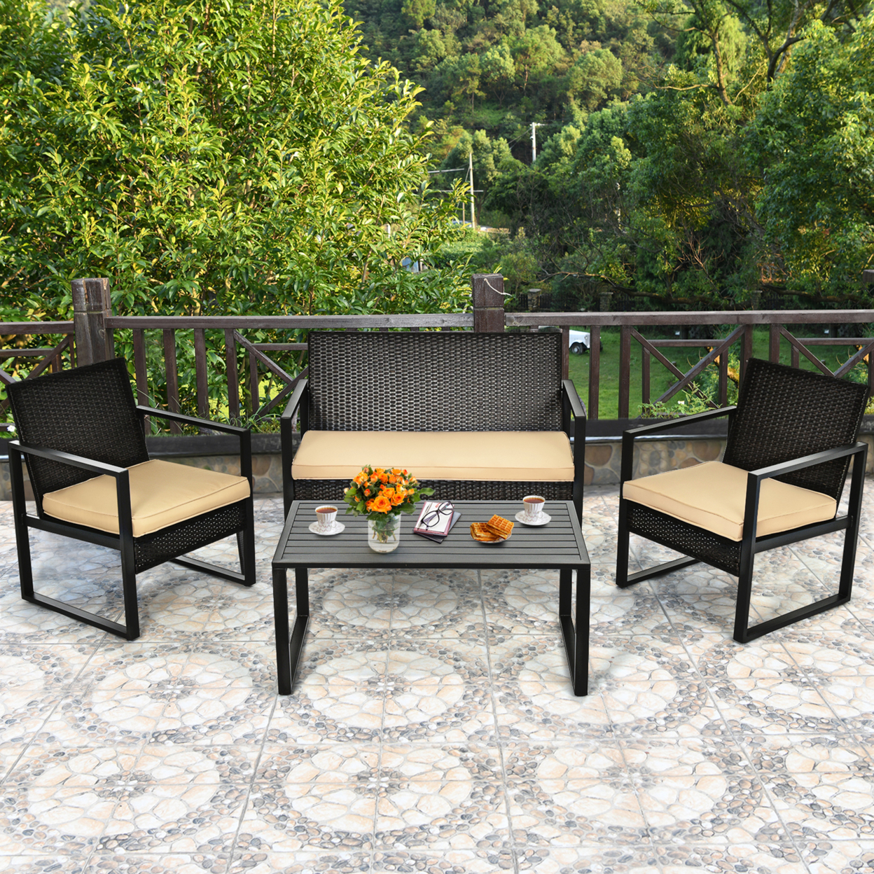 4PCS Outdoor Wicker Rattan Furniture Set Patio Conversation Set W/ Cushions