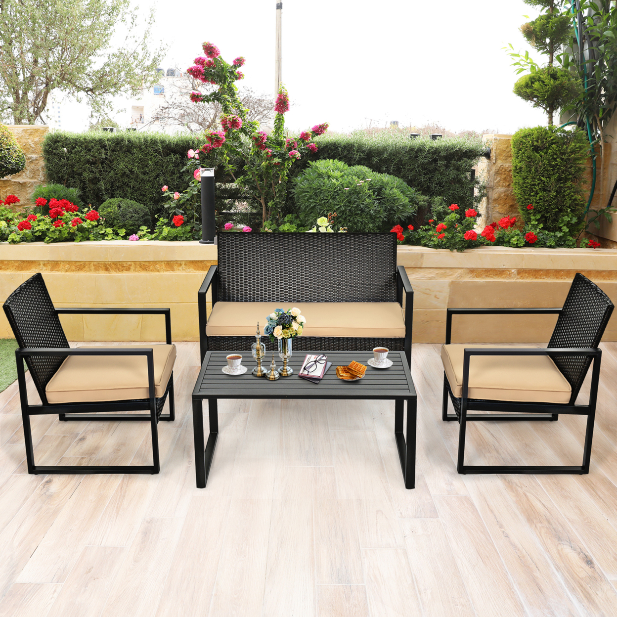 4PCS Outdoor Wicker Rattan Furniture Set Patio Conversation Set W/ Cushions