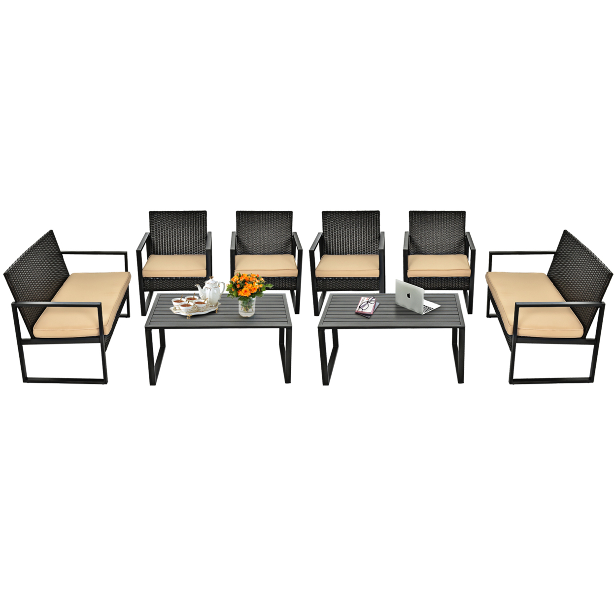 8PCS Outdoor Wicker Rattan Furniture Set Patio Conversation Set W/ Cushions