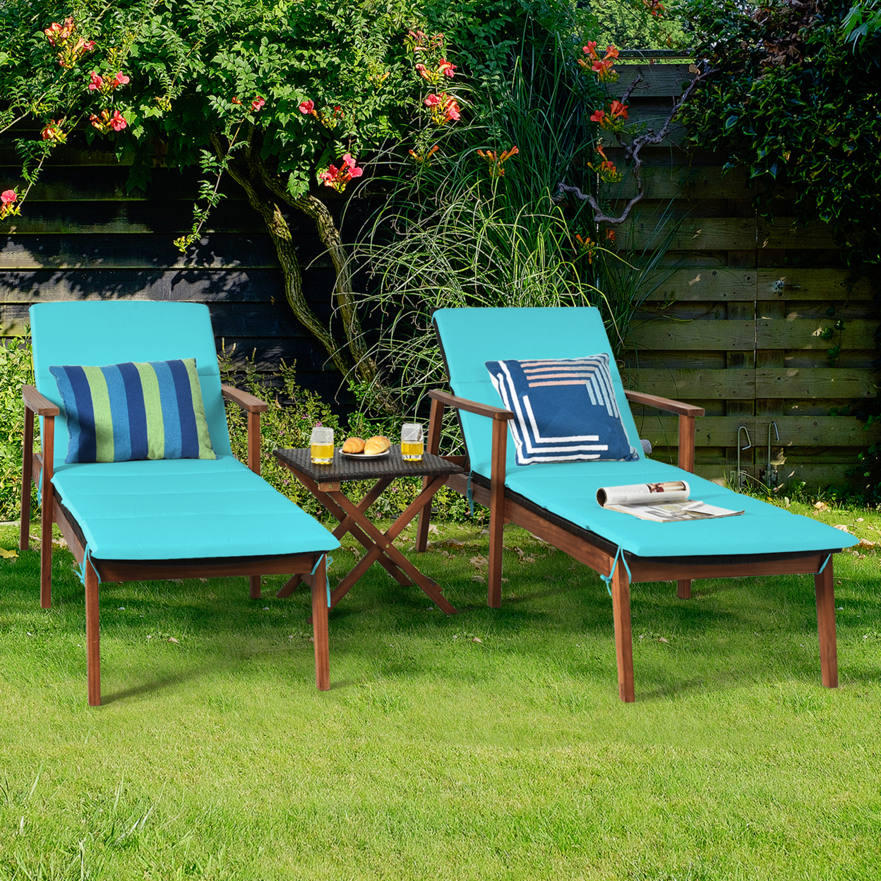 3PCS Outdoor Patio Lounge Chair Set W/ Folding Table Turquoise Cushion