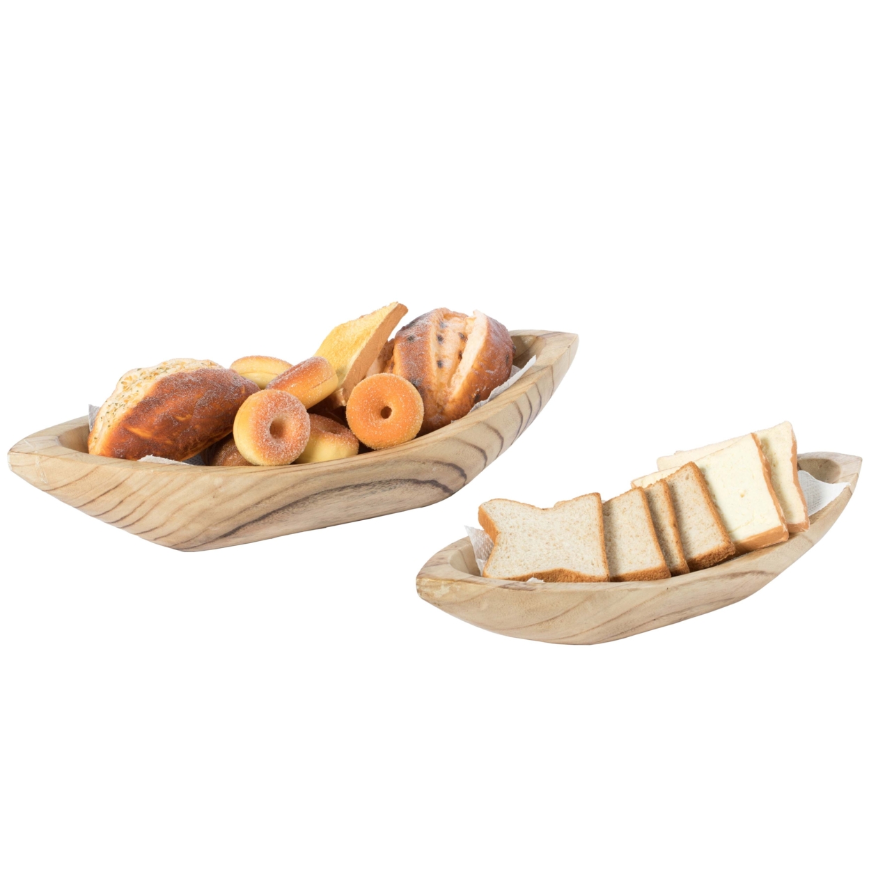 Wood Carved Boat Shaped Bowl Basket Rustic Display Tray - Set Of 2
