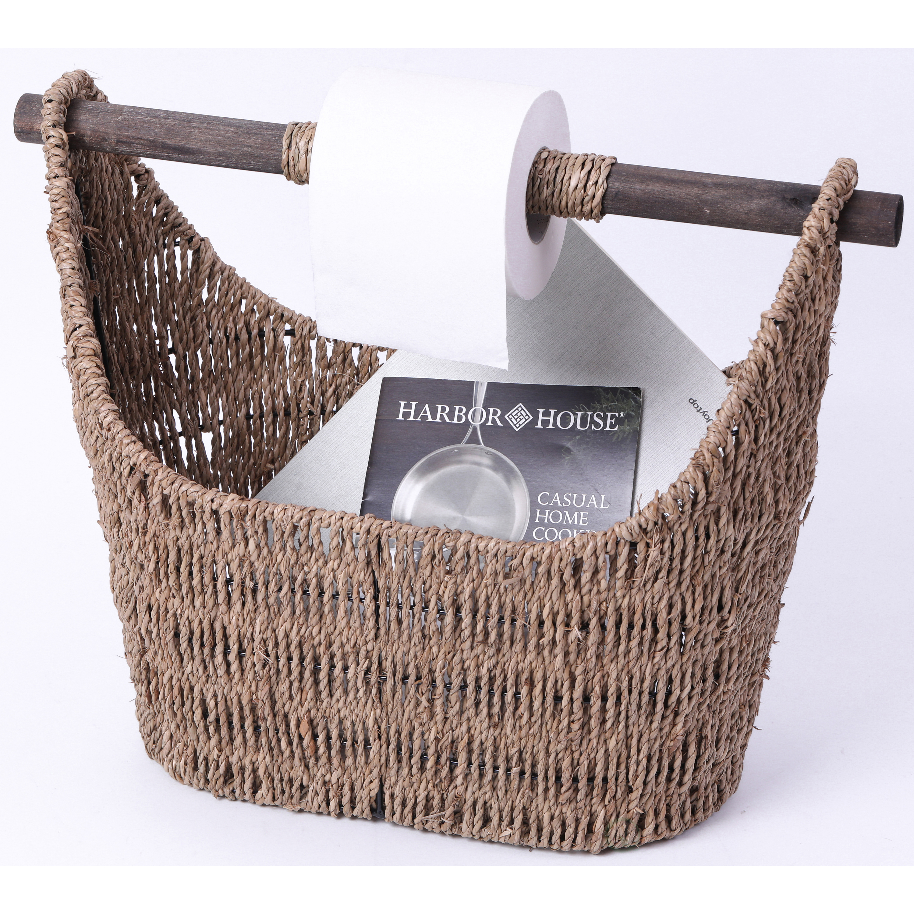 Free Standing Magazine And Toilet Paper Holder Basket With Wooden Rod