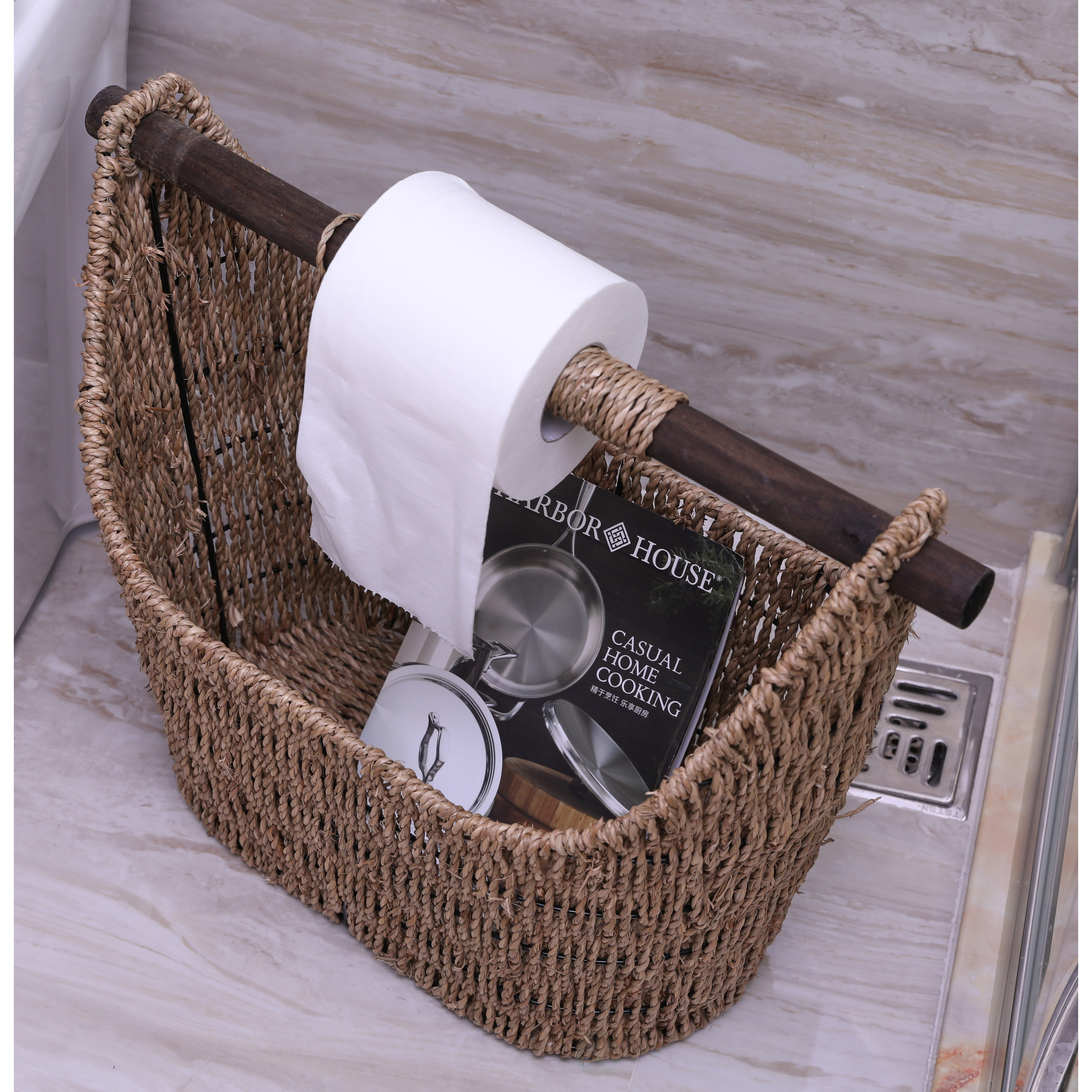 Free Standing Magazine And Toilet Paper Holder Basket With Wooden Rod