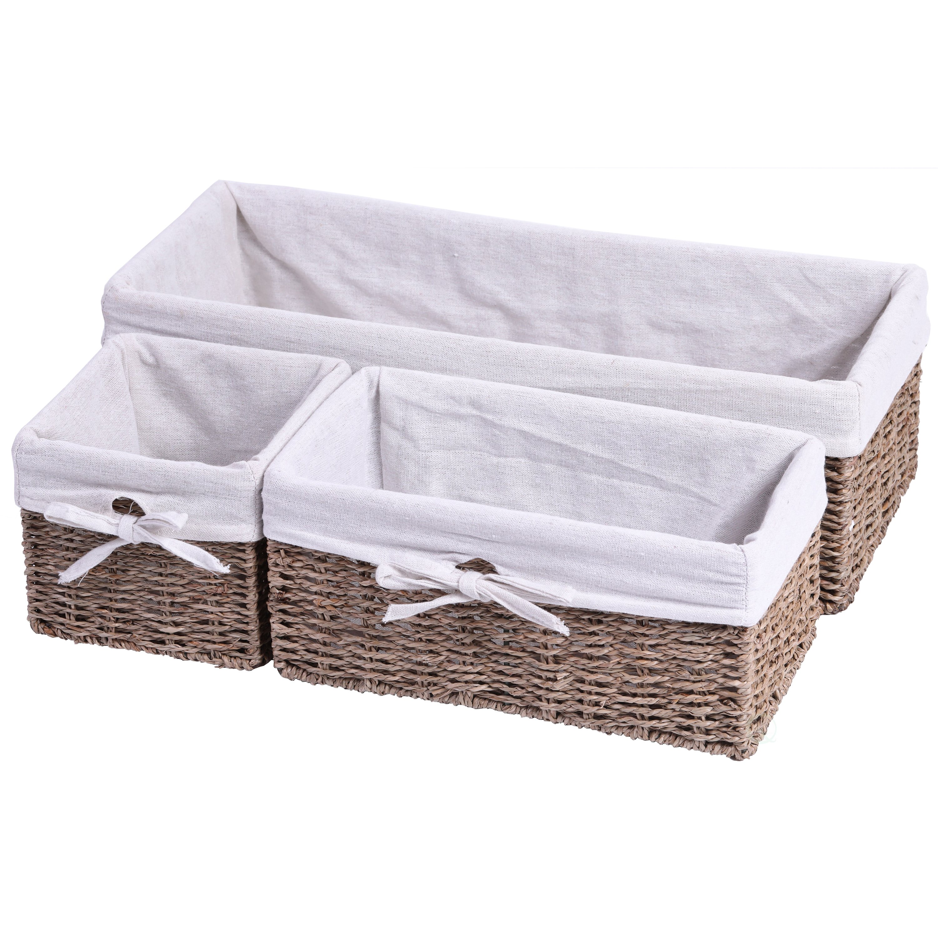 Seagrass Shelf Storage Baskets With Lining - Set Of 3