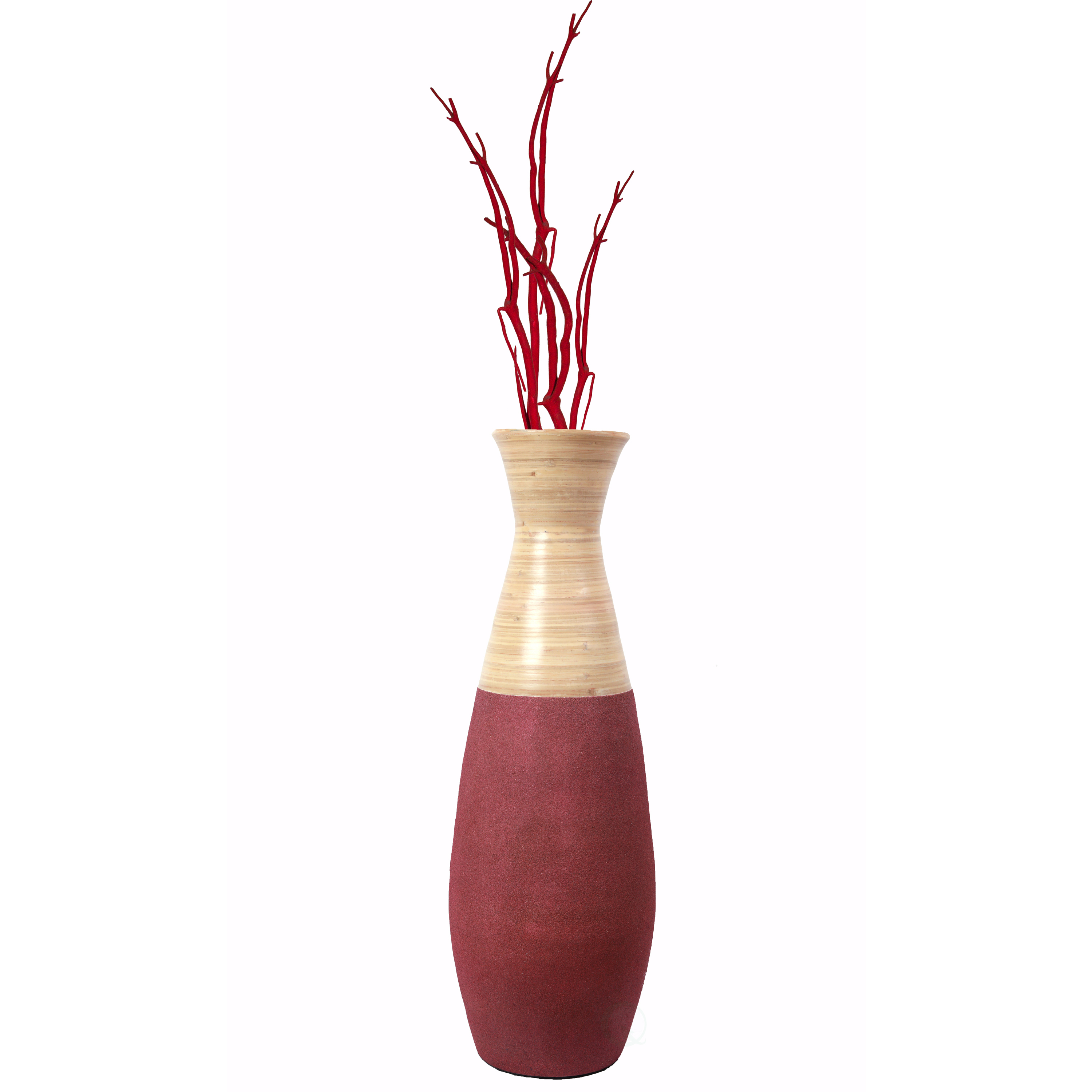 31.5 Tall Handcrafted Bamboo Floor Vase, Burgundy And Natural