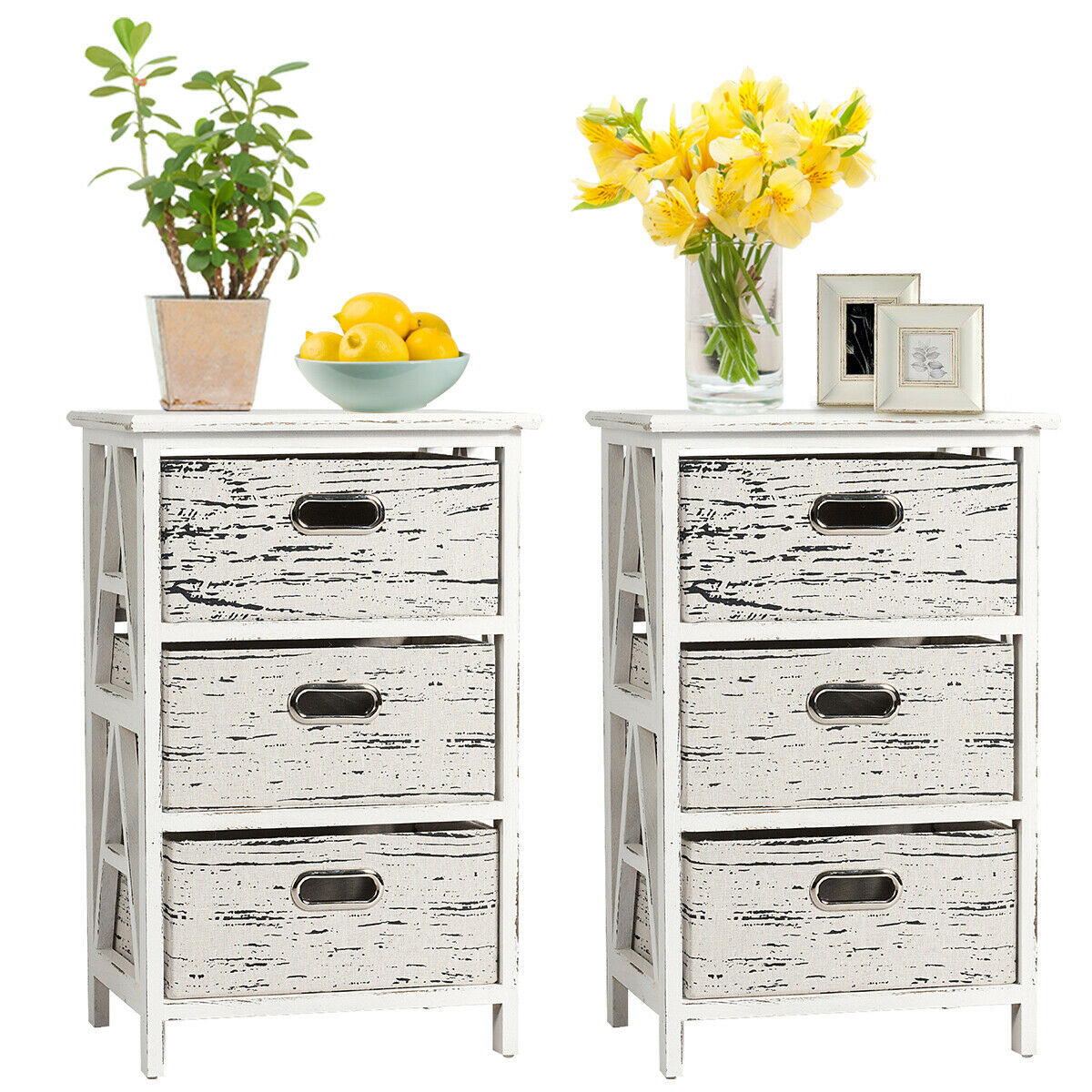 Set Of 2 Chest W/3 Fabric Drawers Vintage Wood Frame End Side Table Nightstand