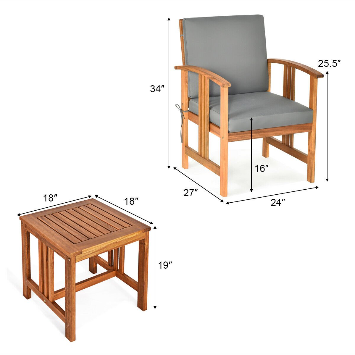 3PCS Outdoor Patio Sofa Furniture Set Solid Wood Cushioned Conversation Set Grey