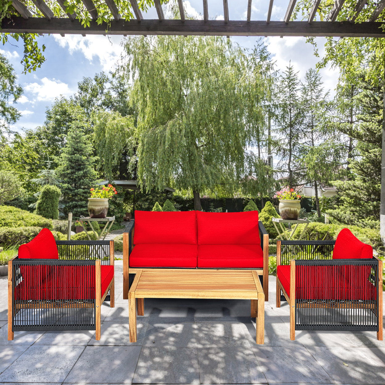 4PCS Acacia Wood Outdoor Patio Furniture Conversation Set W/ Red Cushions