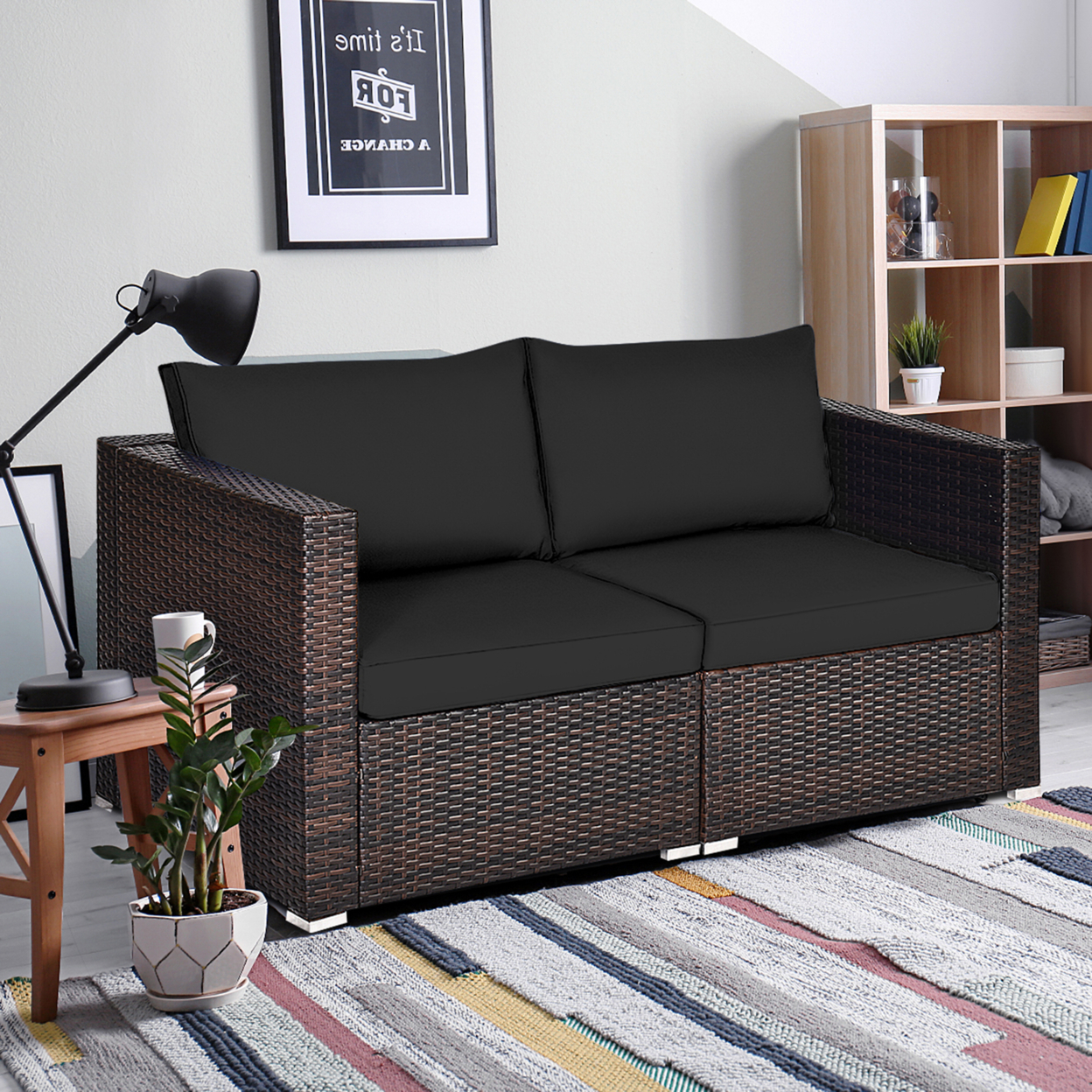 2PCS Rattan Corner Sofa Set Patio Outdoor Furniture Set W/ 4 Black Cushions