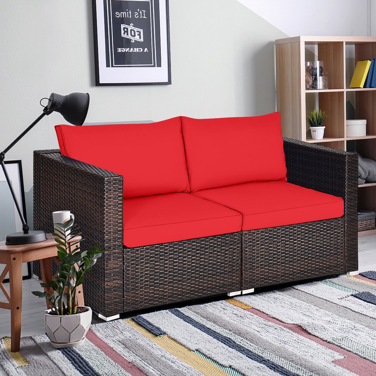 2PCS Rattan Corner Sofa Set Patio Outdoor Furniture Set W/ 4 Red Cushions